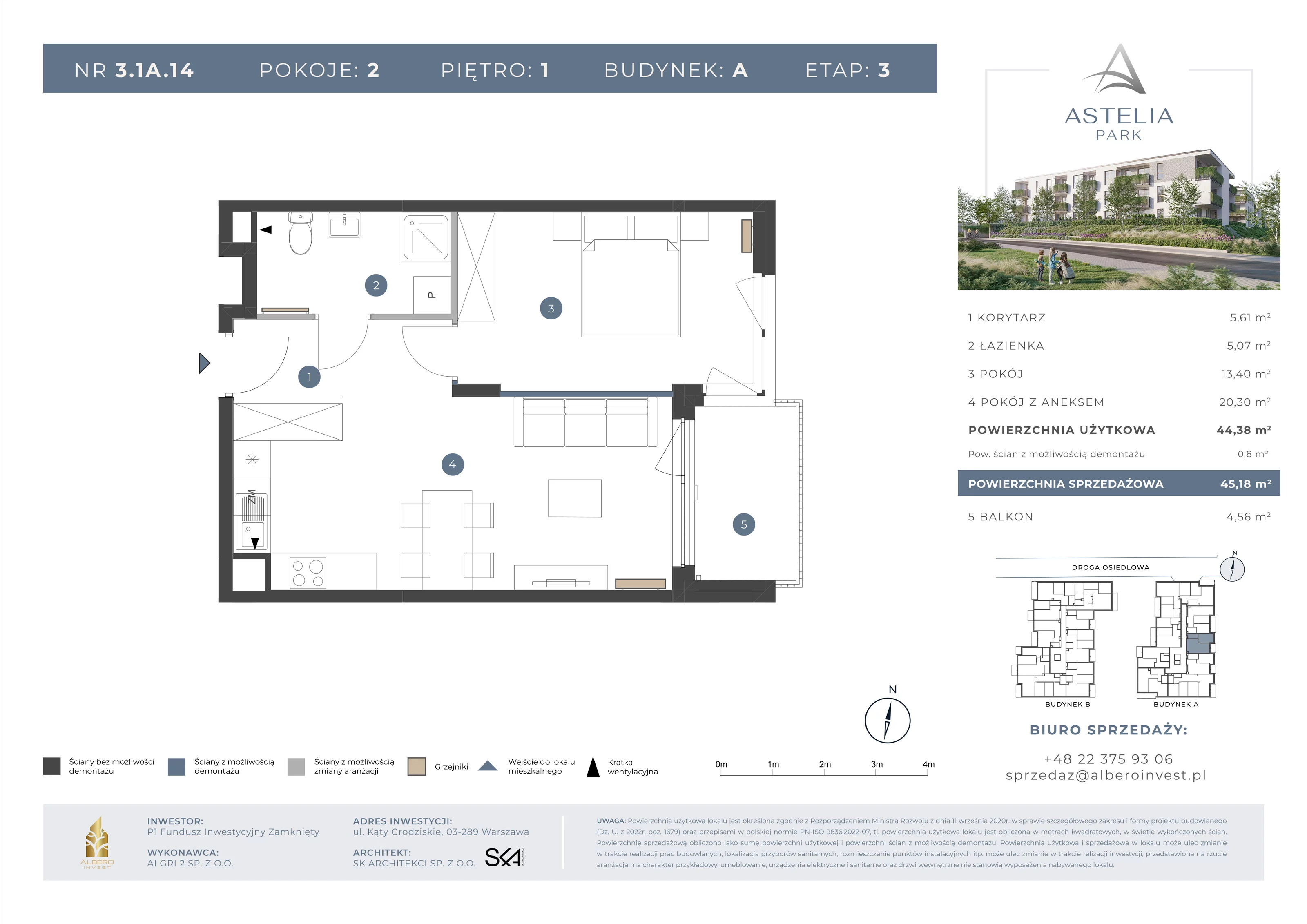 2 pokoje, mieszkanie 44,38 m², piętro 1, oferta nr 31A14, Astelia Park etap IA, III, Warszawa, Białołęka, Grodzisk, ul. Leona Berensona