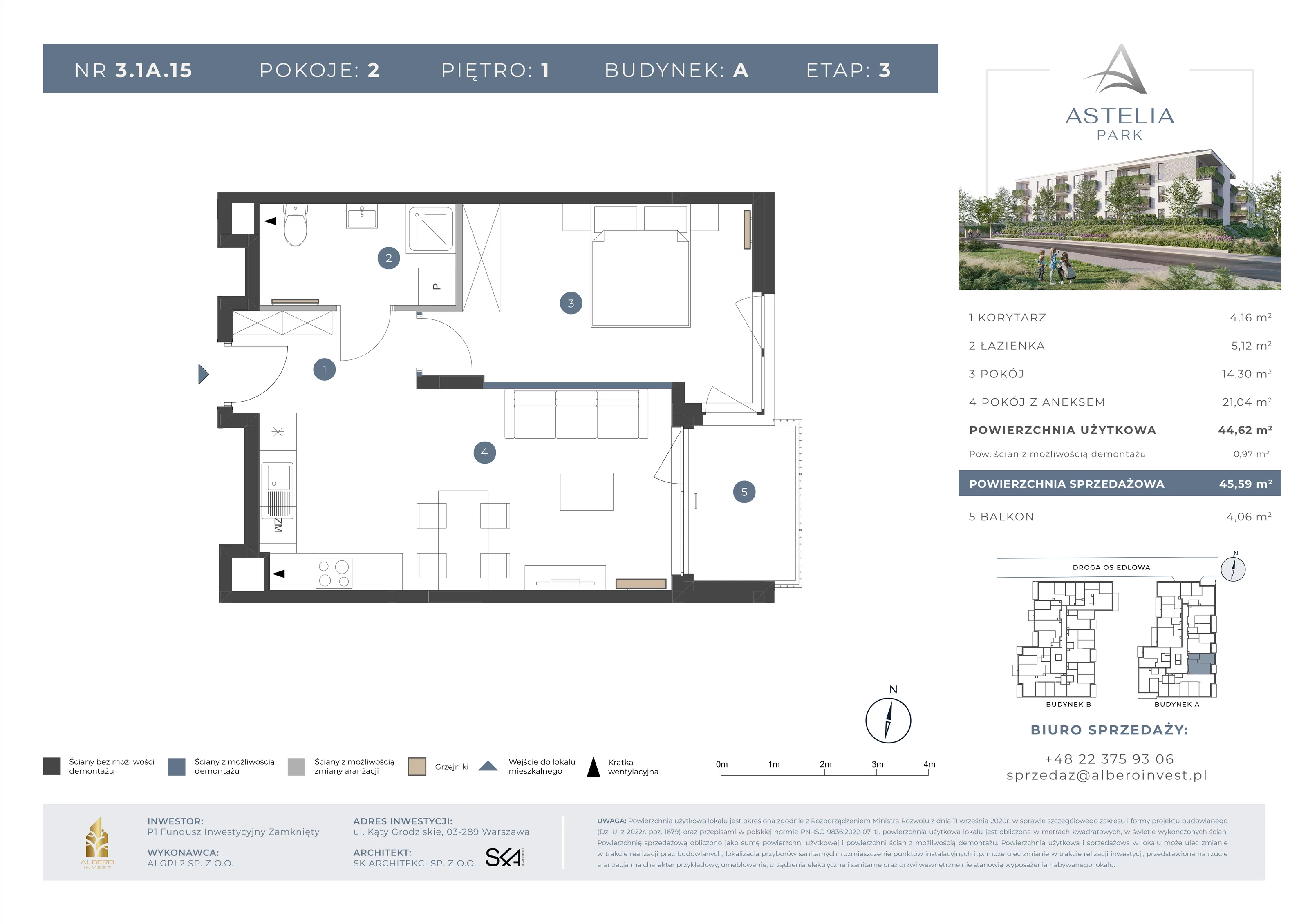 2 pokoje, mieszkanie 44,62 m², piętro 1, oferta nr 31A15, Astelia Park etap IA, III, Warszawa, Białołęka, Grodzisk, ul. Leona Berensona