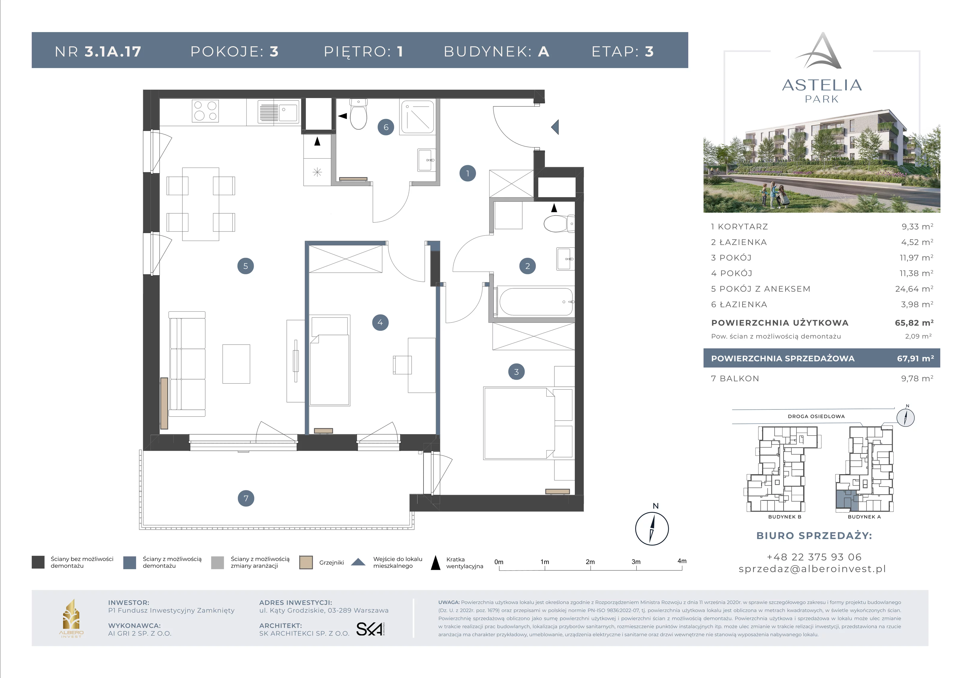 3 pokoje, mieszkanie 65,82 m², piętro 1, oferta nr 31A17, Astelia Park etap IA, III, Warszawa, Białołęka, Grodzisk, ul. Leona Berensona 