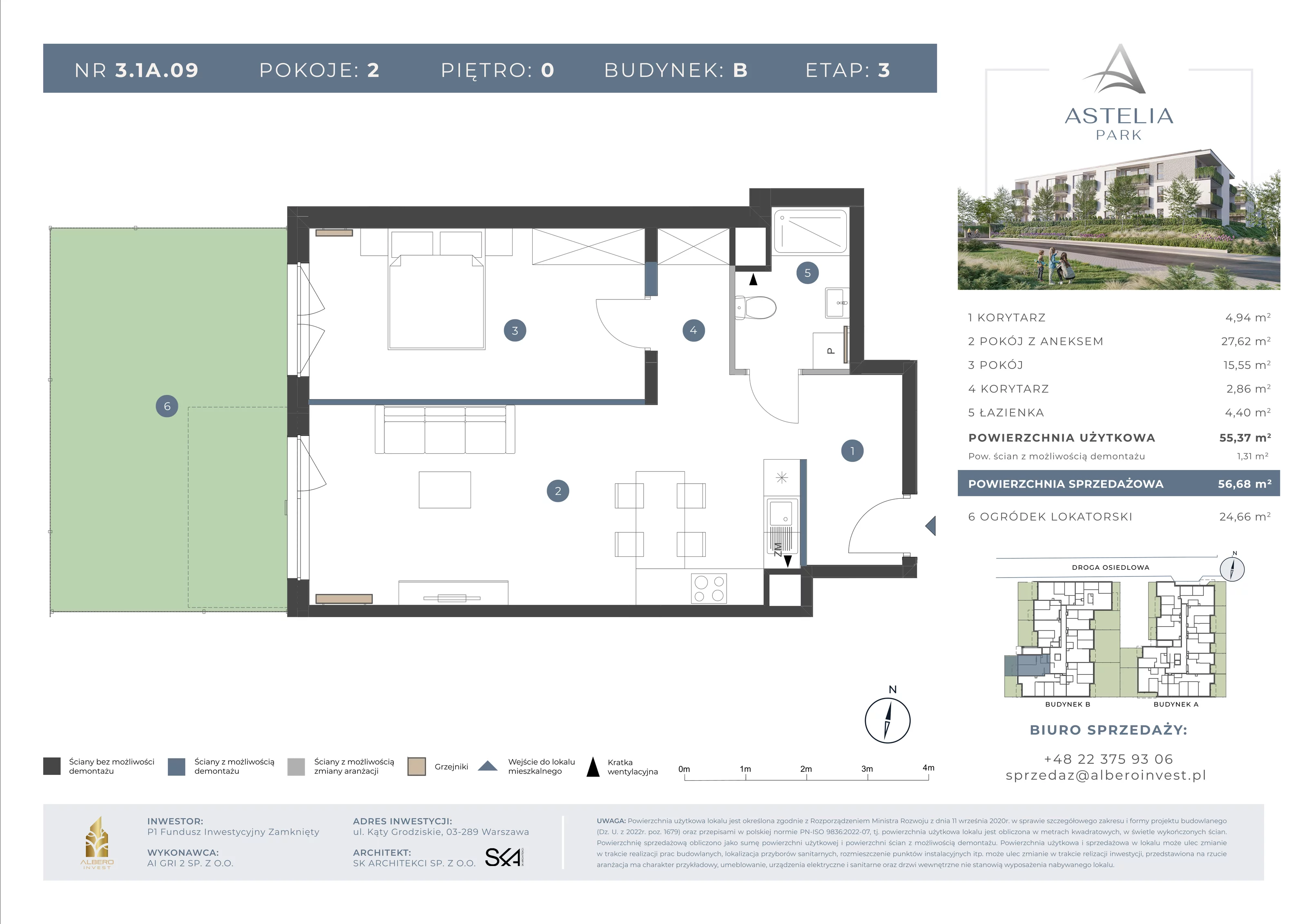 2 pokoje, mieszkanie 55,37 m², parter, oferta nr 31B09, Astelia Park etap IA, III, Warszawa, Białołęka, Grodzisk, ul. Leona Berensona 