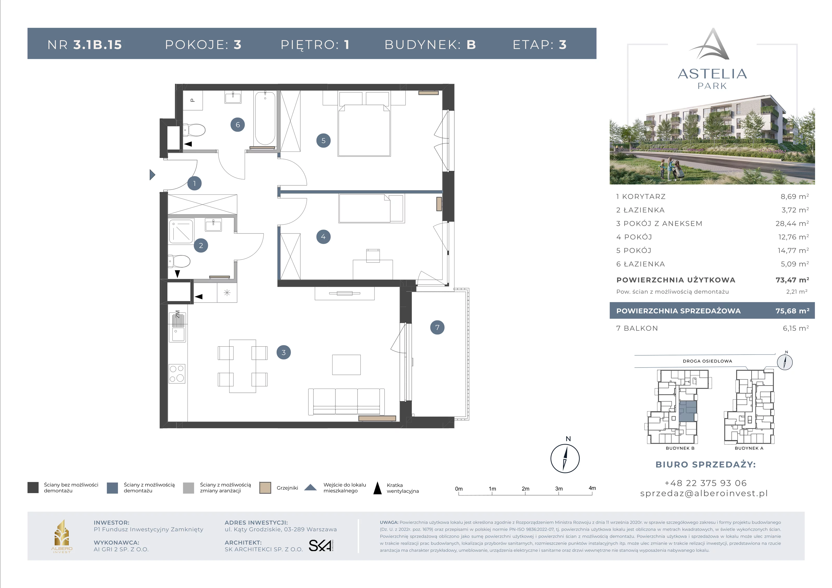 3 pokoje, mieszkanie 73,47 m², piętro 1, oferta nr 31B15, Astelia Park etap IA, III, Warszawa, Białołęka, Grodzisk, ul. Leona Berensona