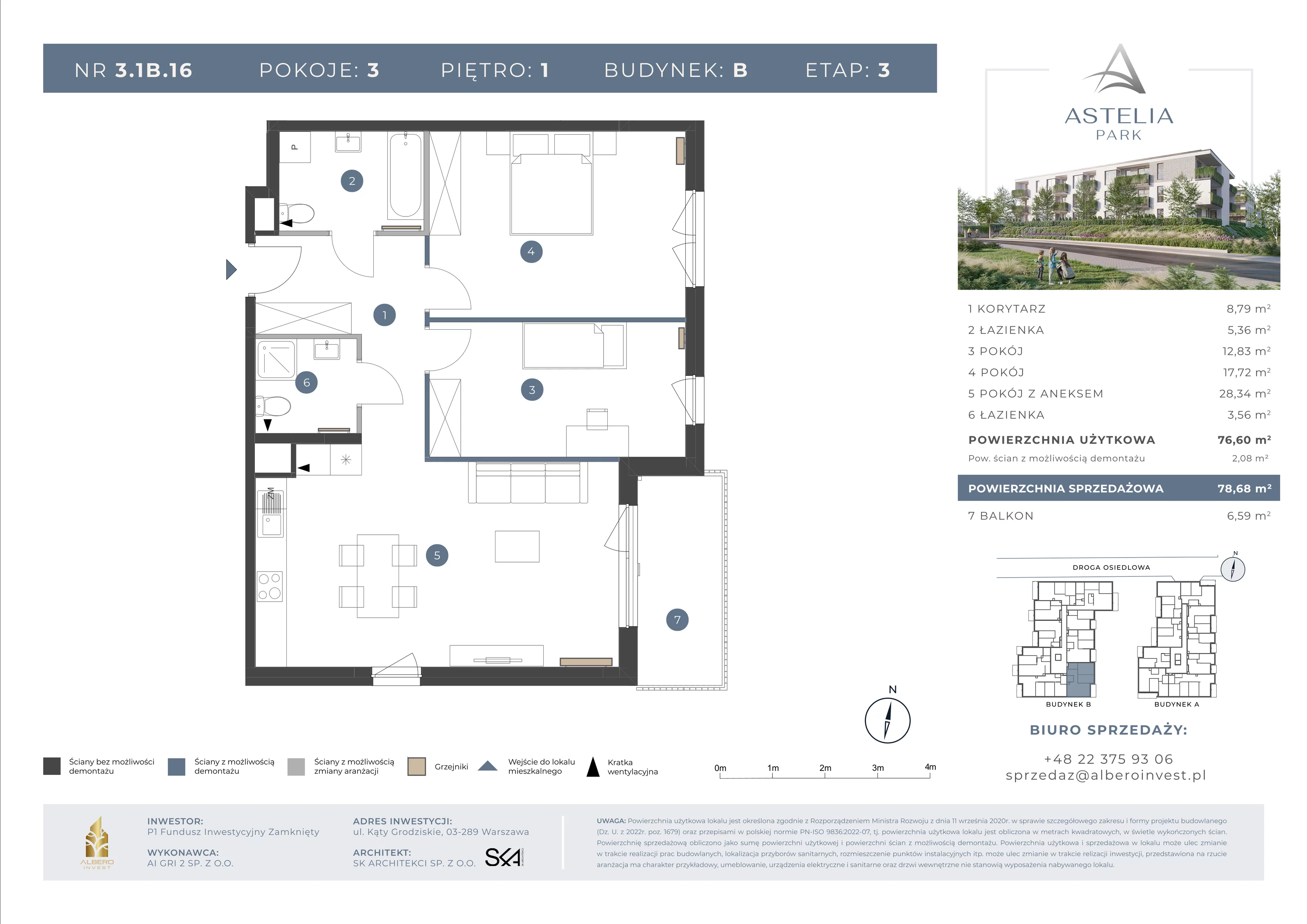 3 pokoje, mieszkanie 76,60 m², piętro 1, oferta nr 31B16, Astelia Park etap IA, III, Warszawa, Białołęka, Grodzisk, ul. Leona Berensona 