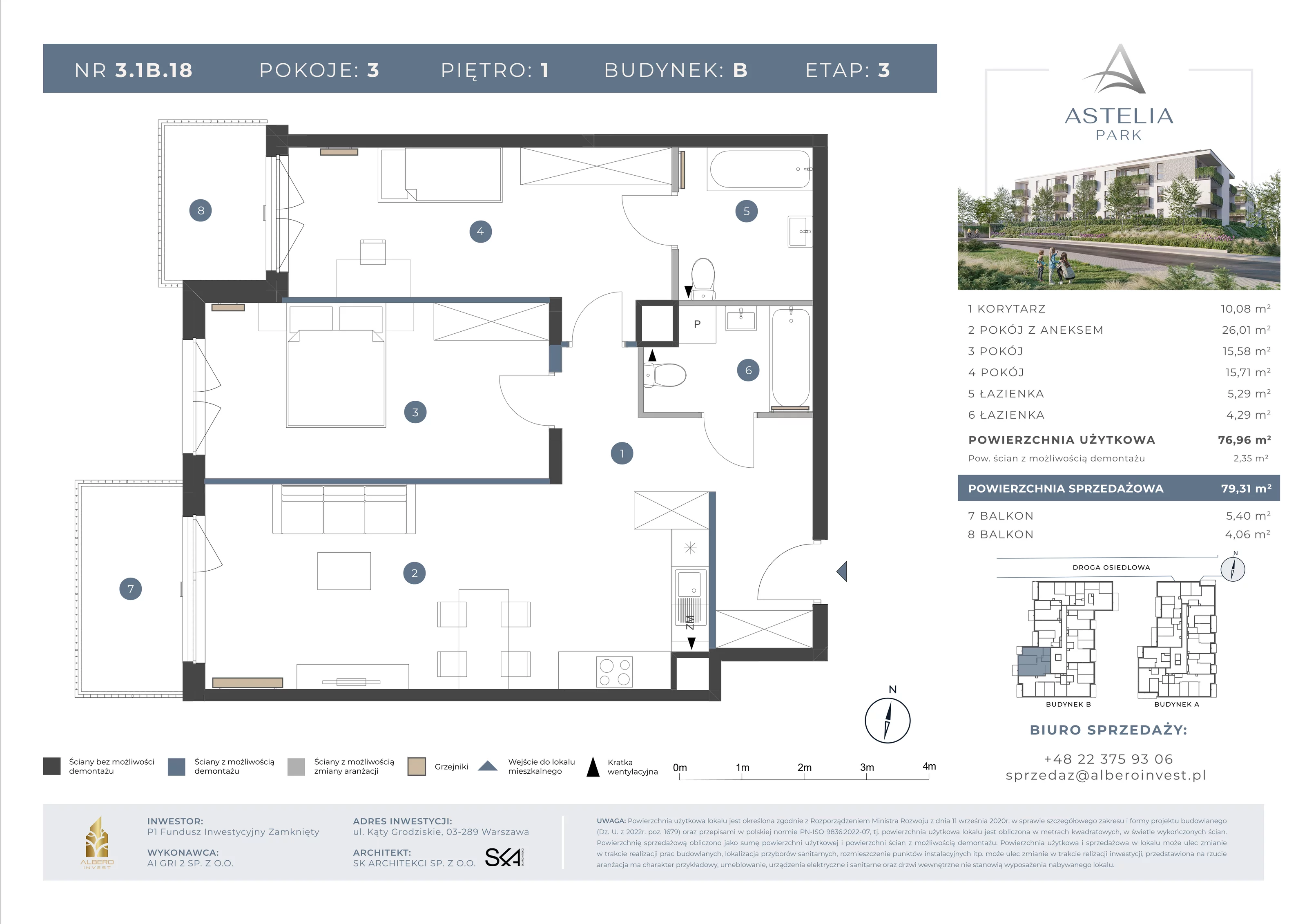 3 pokoje, mieszkanie 76,96 m², piętro 1, oferta nr 31B18, Astelia Park etap IA, III, Warszawa, Białołęka, Grodzisk, ul. Leona Berensona 