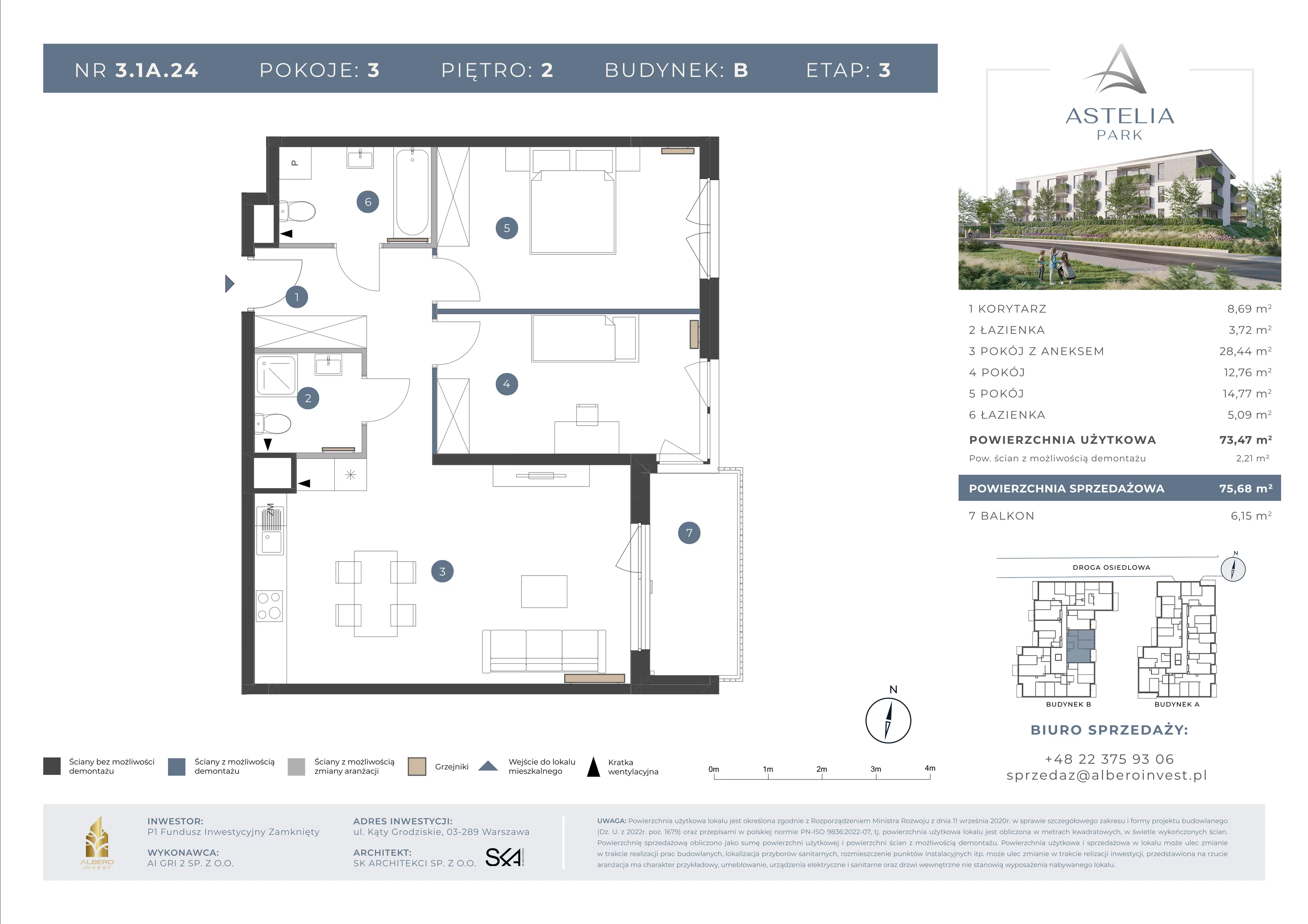 3 pokoje, mieszkanie 73,47 m², piętro 2, oferta nr 31B24, Astelia Park etap IA, III, Warszawa, Białołęka, Grodzisk, ul. Leona Berensona 
