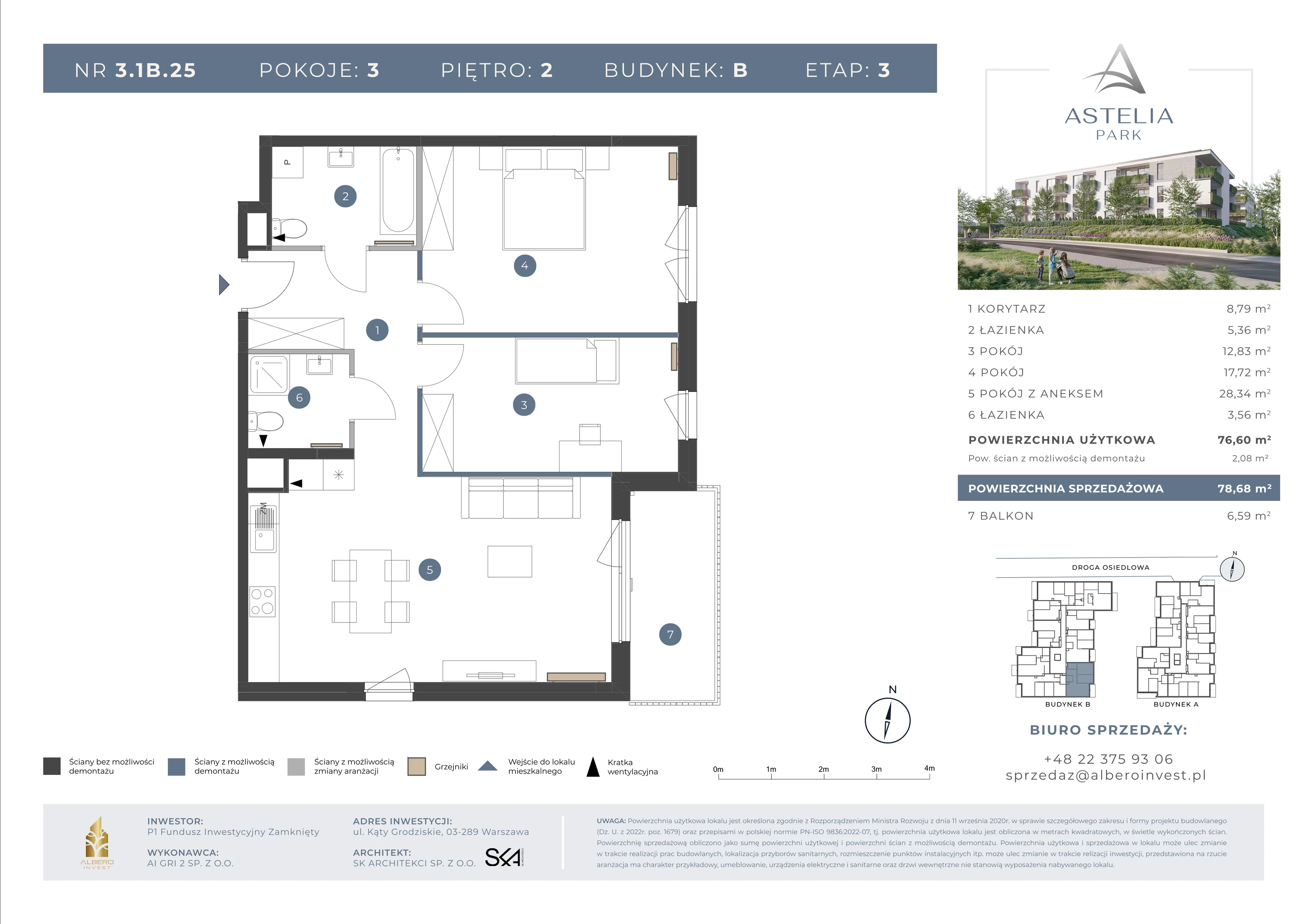 3 pokoje, mieszkanie 76,60 m², piętro 2, oferta nr 31B25, Astelia Park etap IA, III, Warszawa, Białołęka, Grodzisk, ul. Leona Berensona 