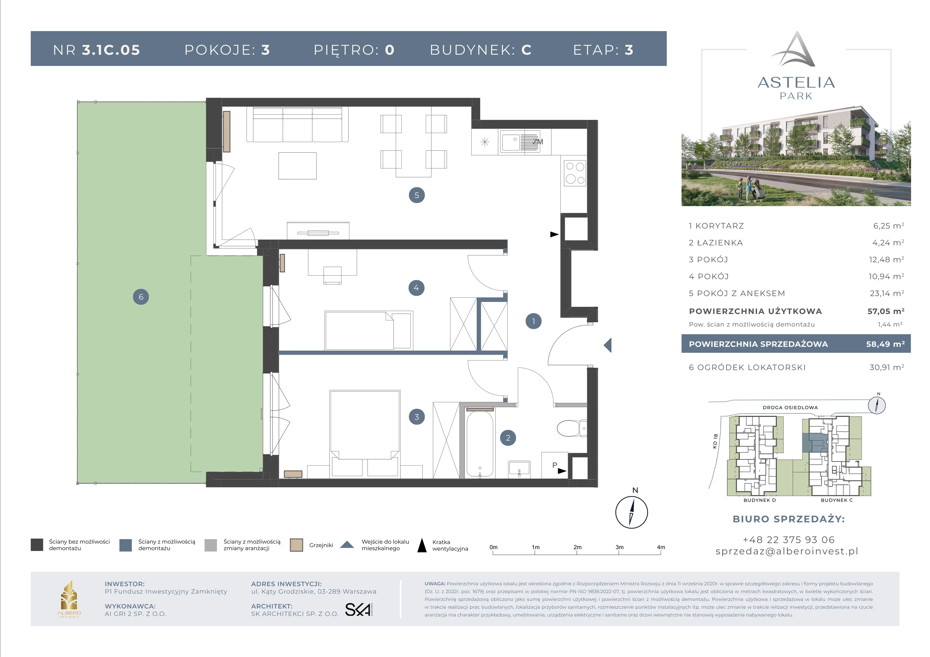 3 pokoje, mieszkanie 57,05 m², parter, oferta nr 31C05, Astelia Park etap IA, III, Warszawa, Białołęka, Grodzisk, ul. Leona Berensona