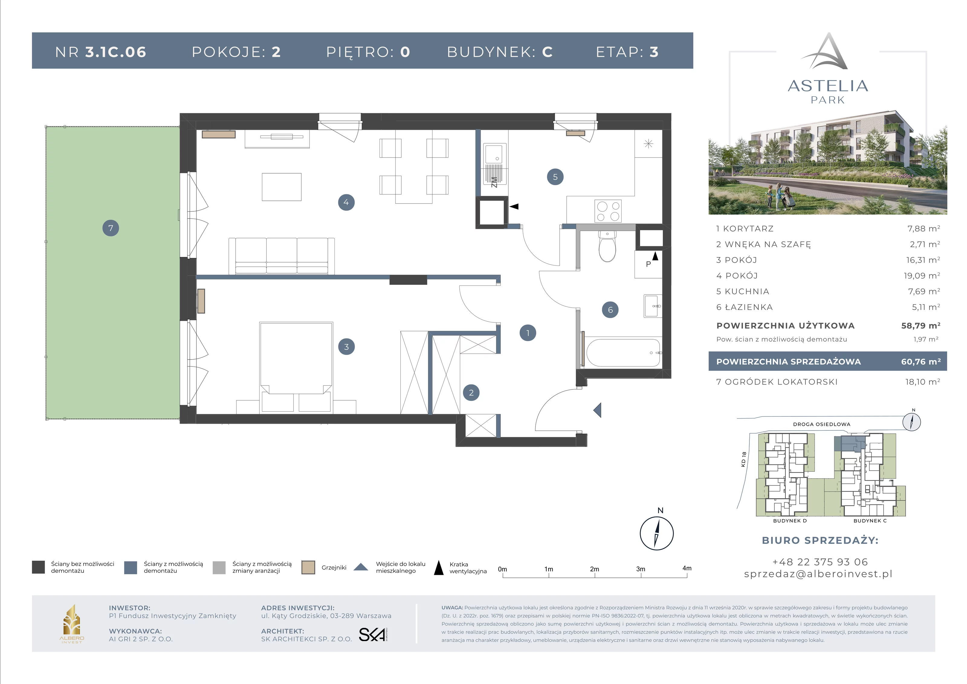 2 pokoje, mieszkanie 58,79 m², parter, oferta nr 31C06, Astelia Park etap IA, III, Warszawa, Białołęka, Grodzisk, ul. Leona Berensona 