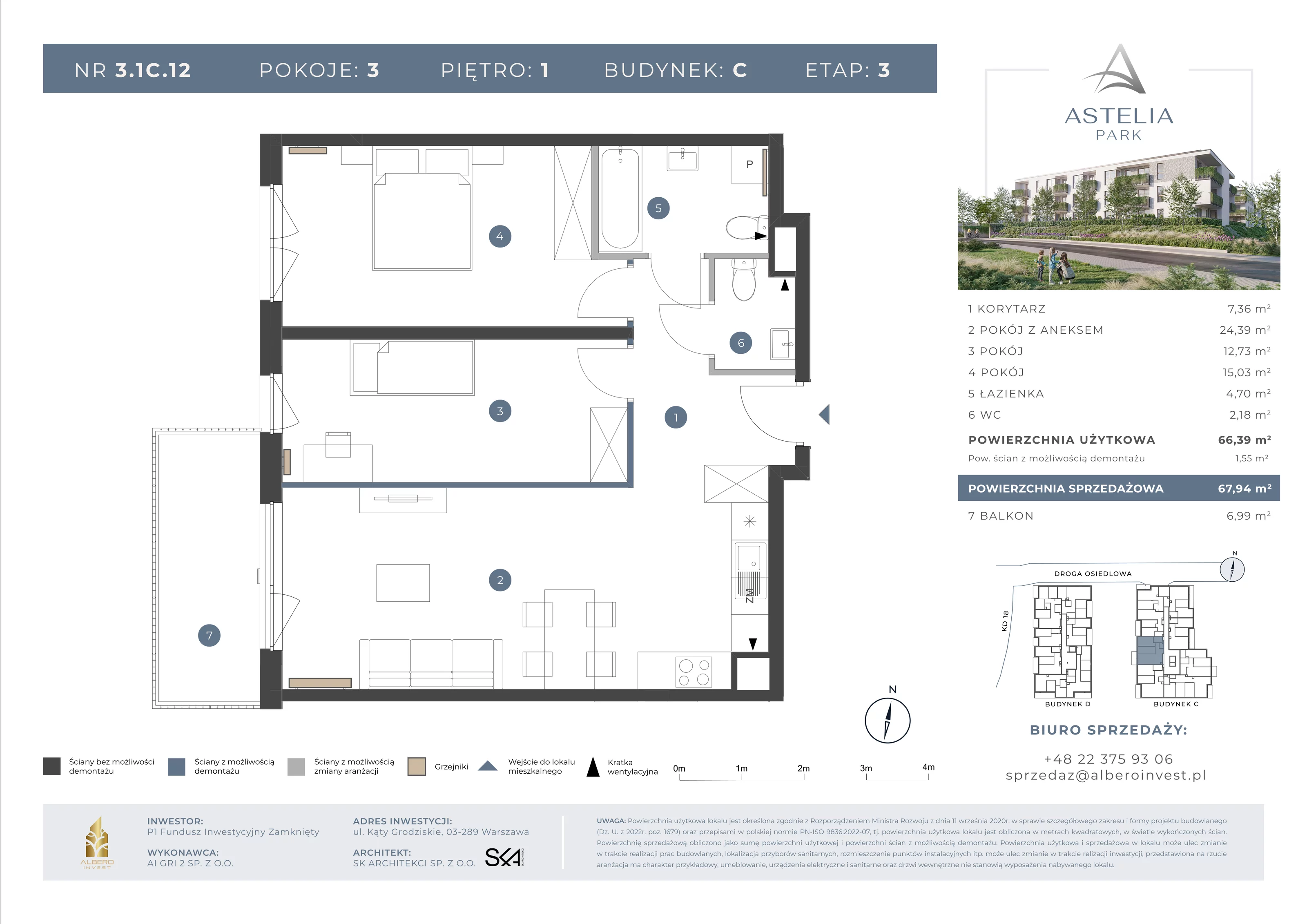 3 pokoje, mieszkanie 66,39 m², piętro 1, oferta nr 31C12, Astelia Park etap IA, III, Warszawa, Białołęka, Grodzisk, ul. Leona Berensona 