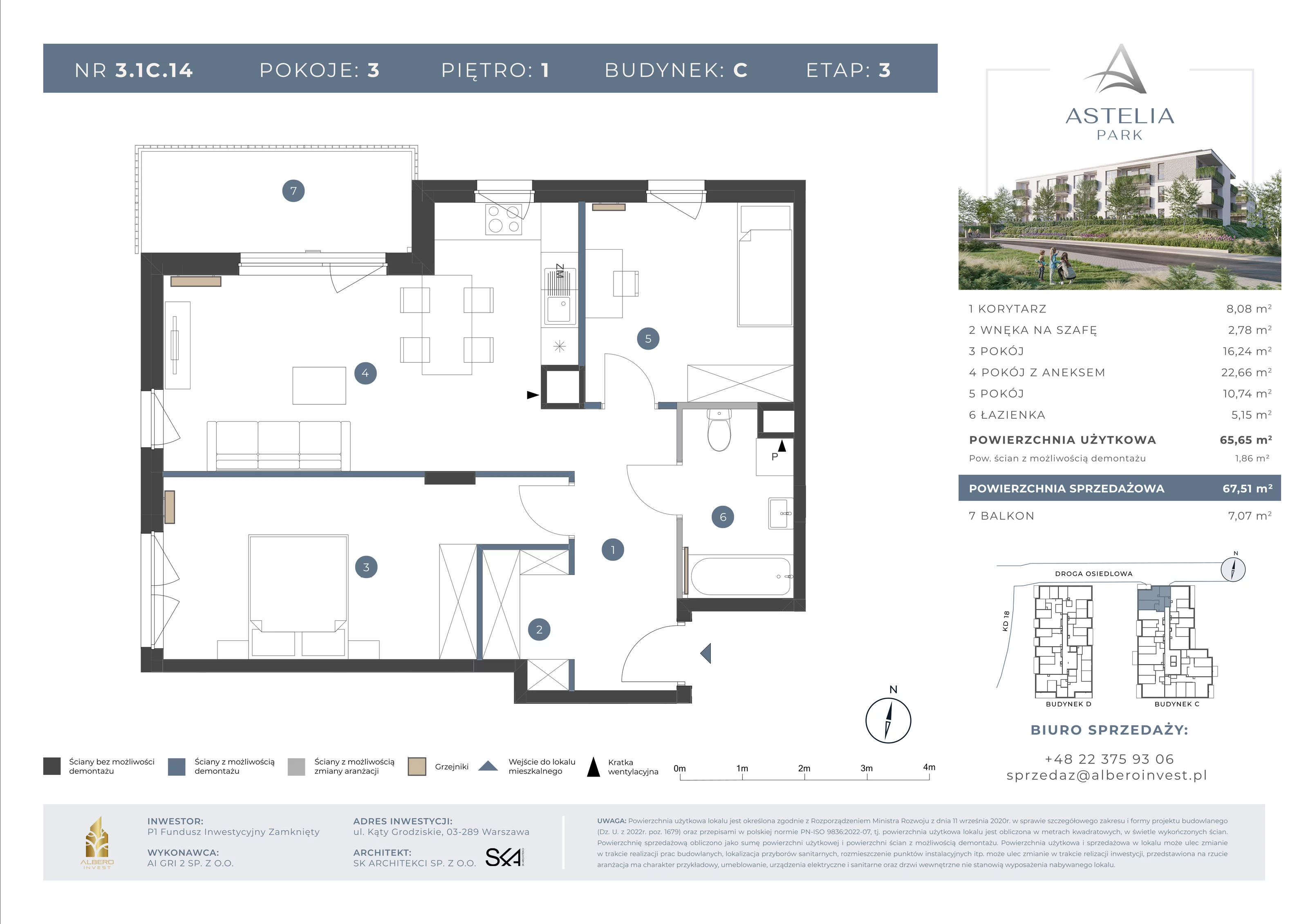 3 pokoje, mieszkanie 65,65 m², piętro 1, oferta nr 31C14, Astelia Park etap IA, III, Warszawa, Białołęka, Grodzisk, ul. Leona Berensona 