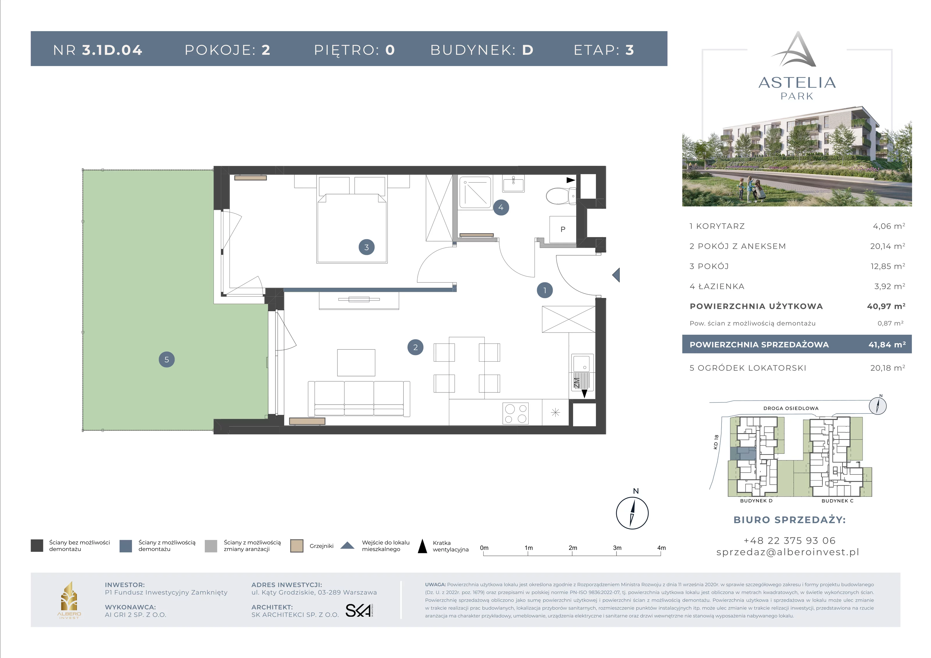 2 pokoje, mieszkanie 40,97 m², parter, oferta nr 31D04, Astelia Park etap IA, III, Warszawa, Białołęka, Grodzisk, ul. Leona Berensona 