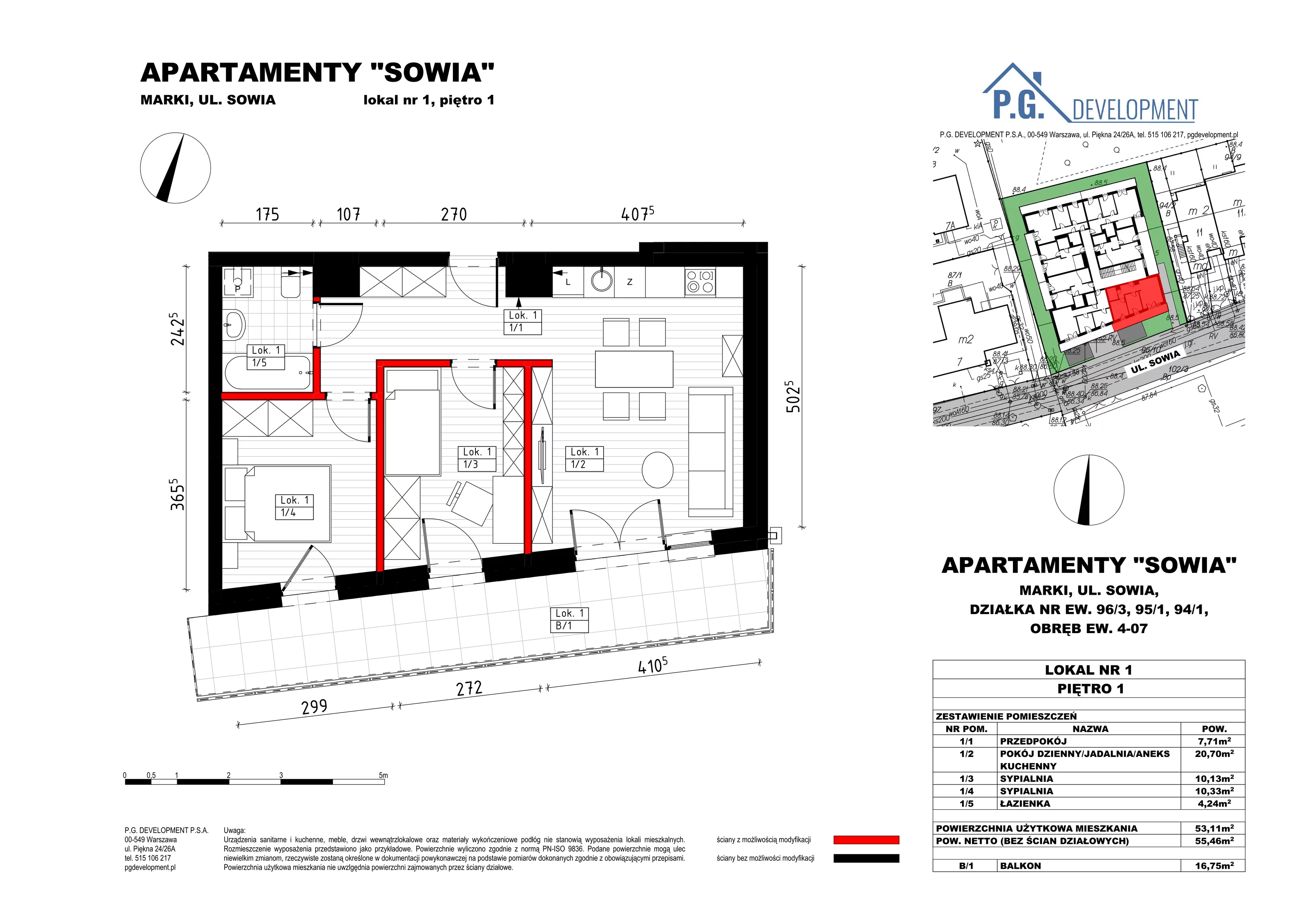 3 pokoje, mieszkanie 53,11 m², piętro 1, oferta nr 1, Apartamenty Sowia, Marki, ul. Sowia 9