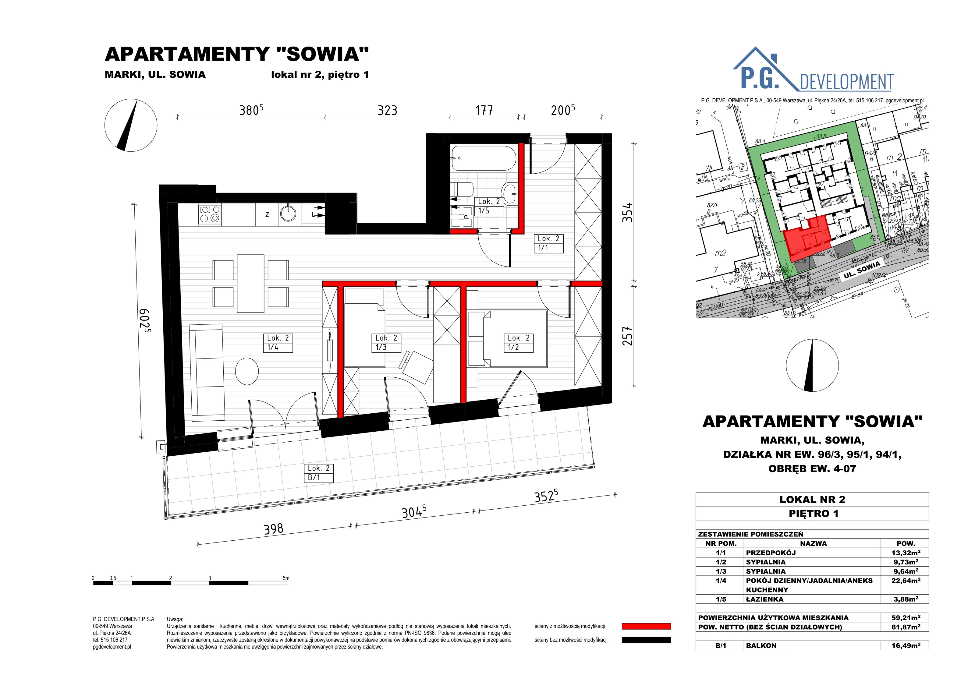 3 pokoje, mieszkanie 59,21 m², piętro 1, oferta nr 2, Apartamenty Sowia, Marki, ul. Sowia 9
