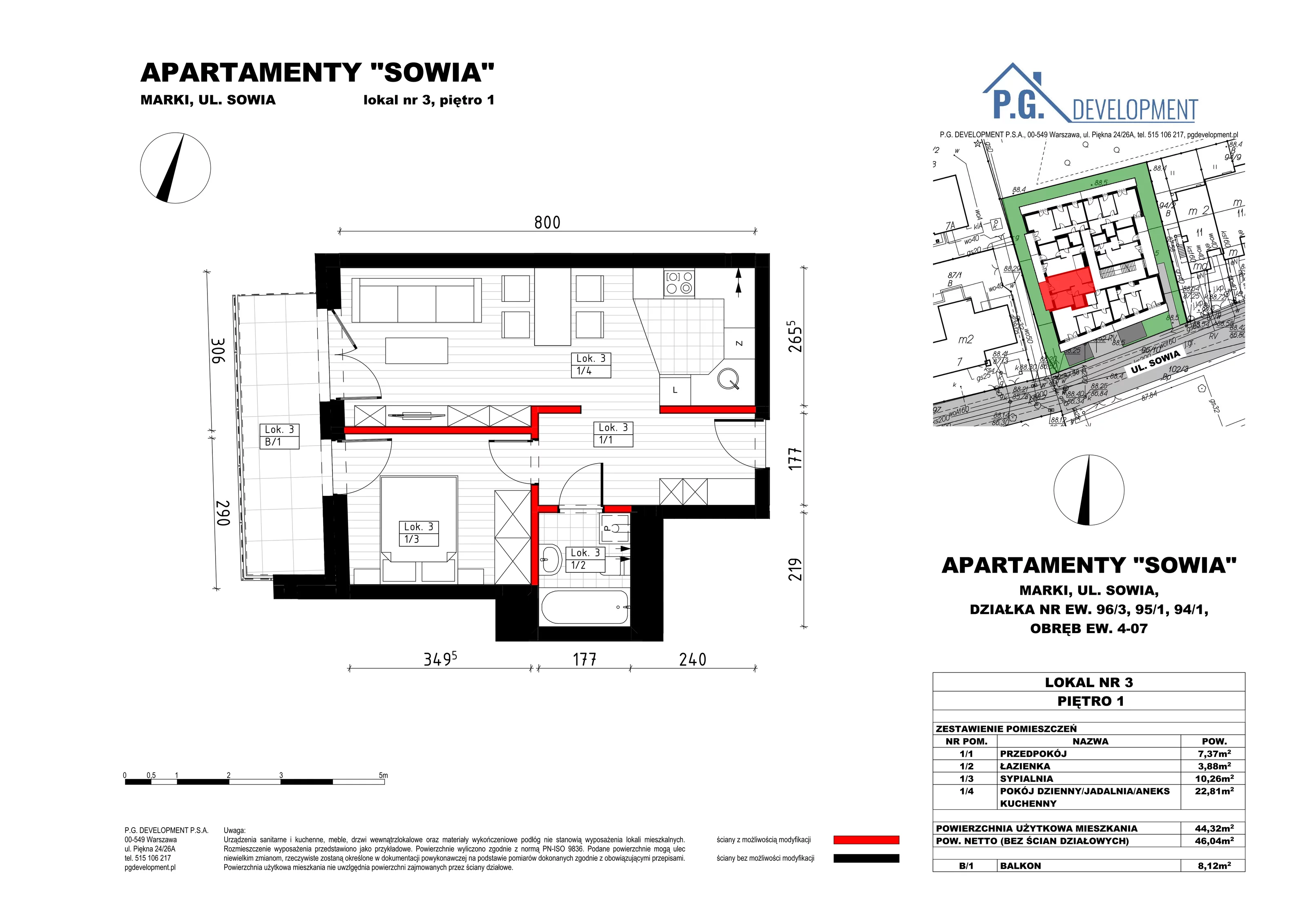2 pokoje, mieszkanie 44,32 m², piętro 1, oferta nr 3, Apartamenty Sowia, Marki, ul. Sowia 9