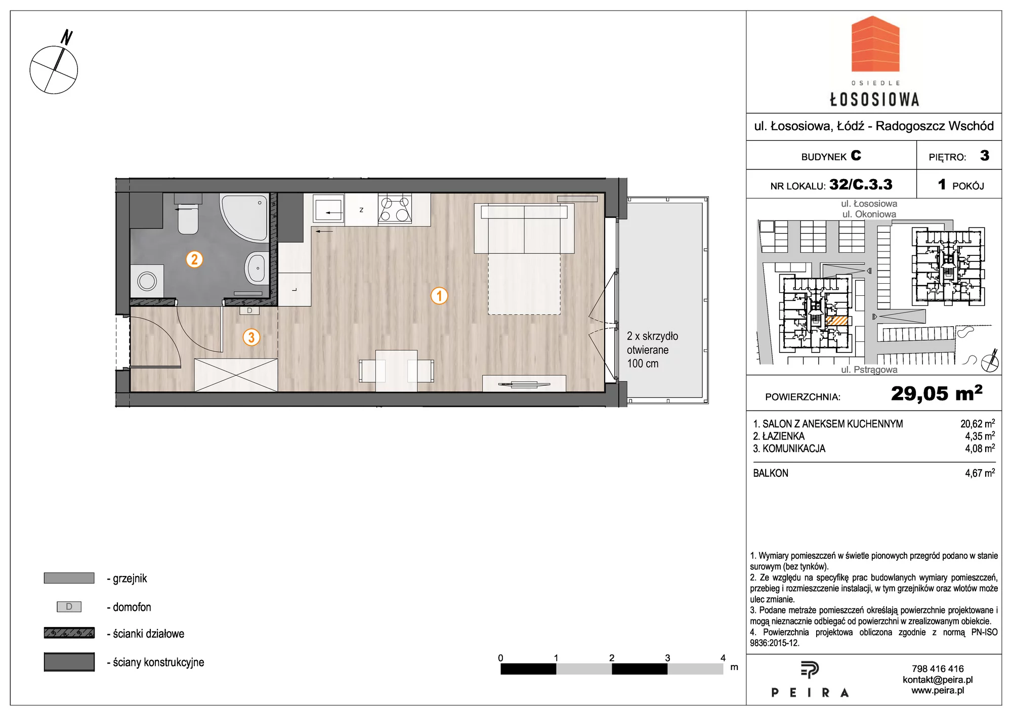 1 pokój, mieszkanie 29,11 m², piętro 3, oferta nr 32, Osiedle Łososiowa, Łódź, Bałuty, Radogoszcz, ul. Łososiowa (Okoniowa)