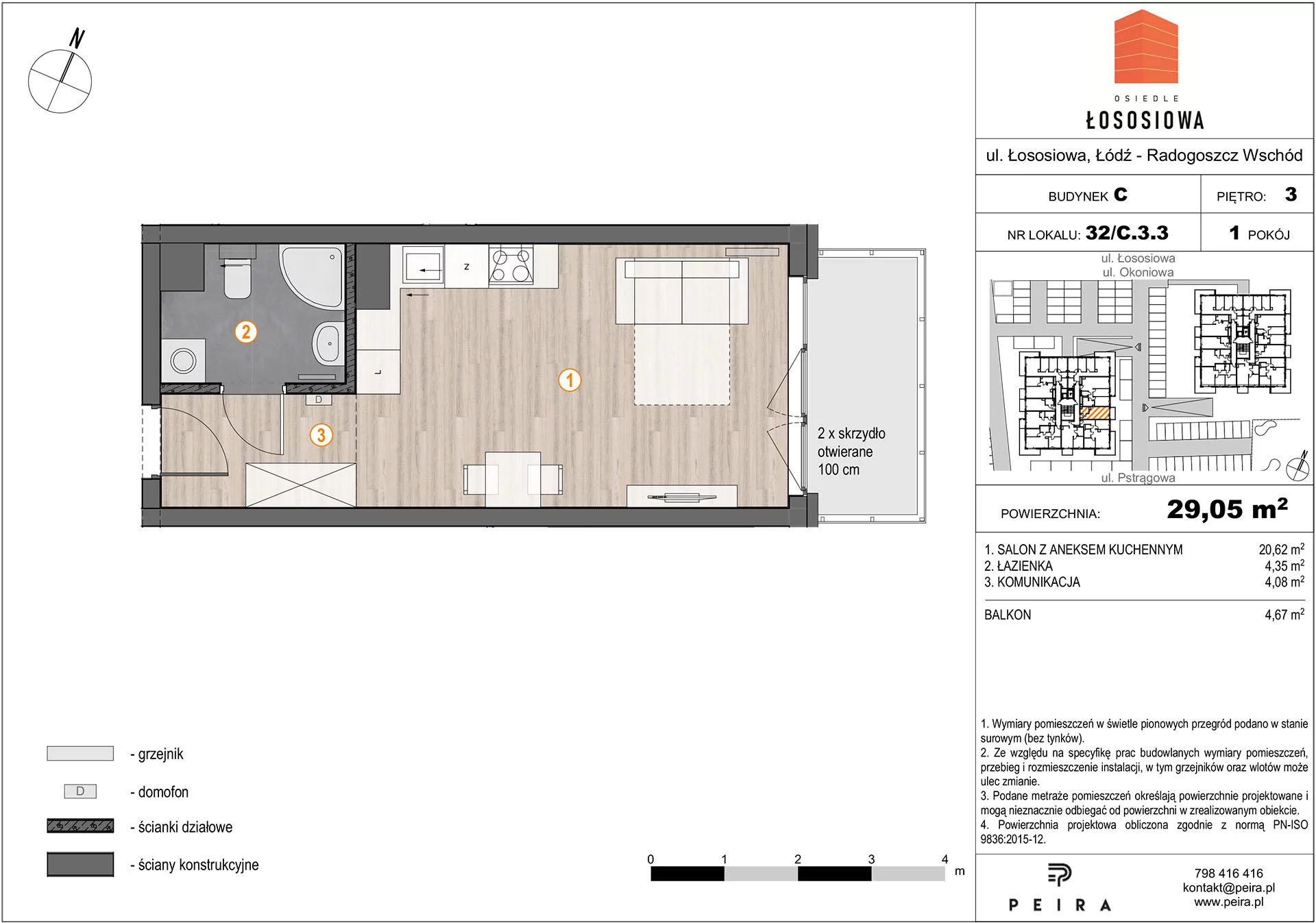 1 pokój, mieszkanie 29,11 m², piętro 3, oferta nr 32, Osiedle Łososiowa, Łódź, Bałuty, Radogoszcz, ul. Łososiowa (Okoniowa)