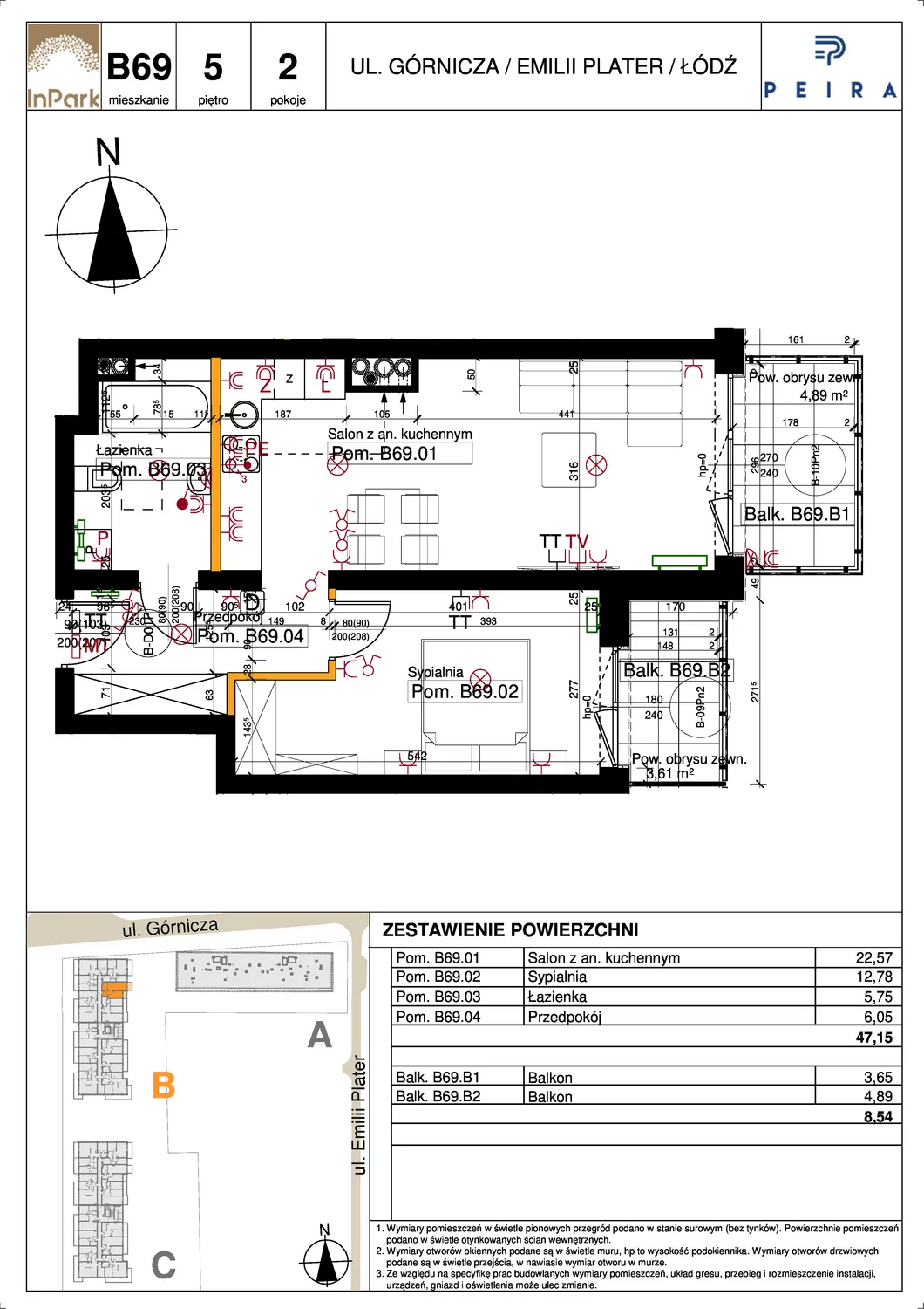 Mieszkanie 47,15 m², piętro 5, oferta nr 109, InPark, Łódź, Bałuty, ul. Emilii Plater / ul. Górnicza