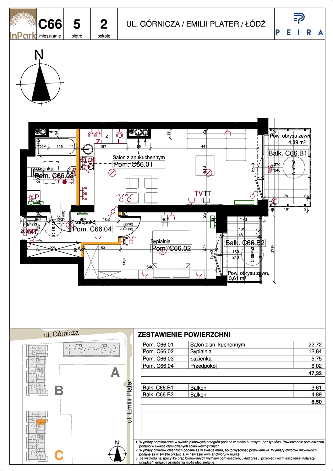 2 pokoje, mieszkanie 47,55 m², piętro 5, oferta nr 176, InPark, Łódź, Bałuty, ul. Emilii Plater / ul. Górnicza