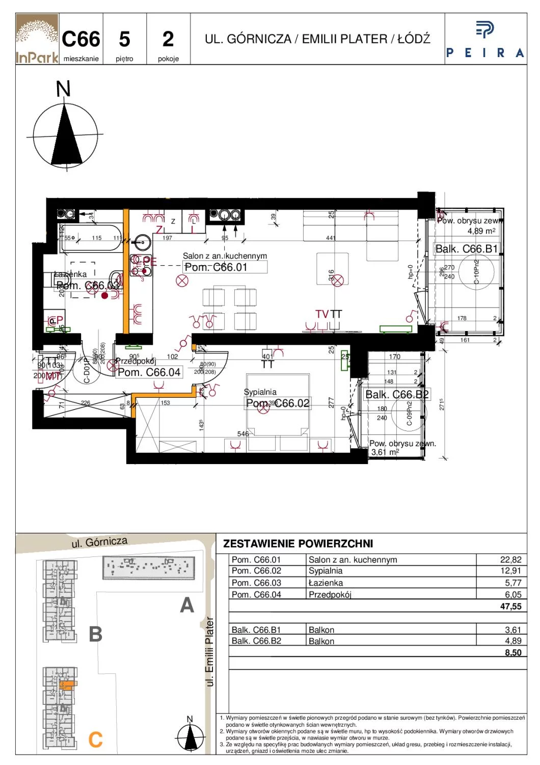 2 pokoje, mieszkanie 47,55 m², piętro 5, oferta nr 176, InPark, Łódź, Bałuty, ul. Emilii Plater / ul. Górnicza