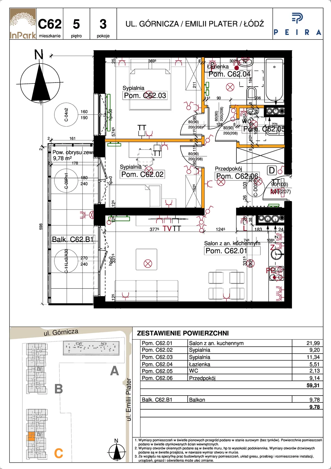 Mieszkanie 59,31 m², piętro 5, oferta nr 172, InPark, Łódź, Bałuty, ul. Emilii Plater / ul. Górnicza