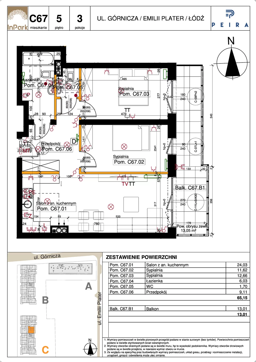 Mieszkanie 65,15 m², piętro 5, oferta nr 177, InPark, Łódź, Bałuty, ul. Emilii Plater / ul. Górnicza