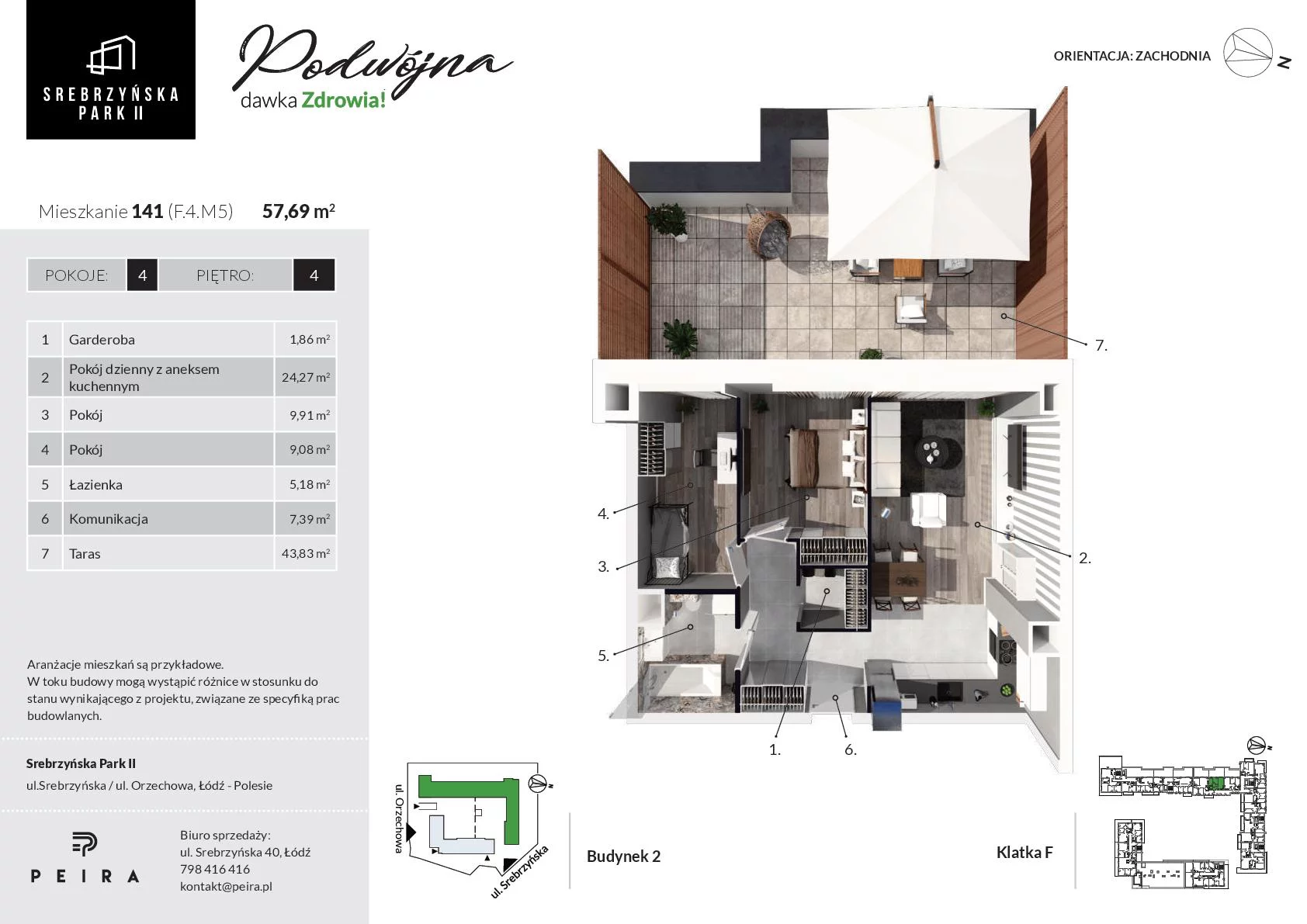 3 pokoje, mieszkanie 57,87 m², piętro 4, oferta nr 141, Srebrzyńska Park II, Łódź, Polesie, Złotno, ul. Srebrzyńska 42b