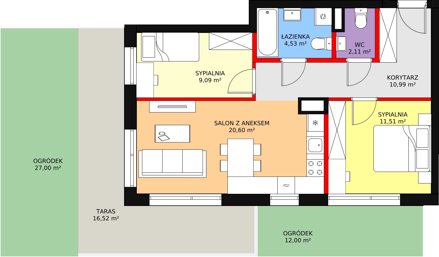 3 pokoje, mieszkanie 58,79 m², parter, oferta nr 6, Osiedle Łososiowa, Łódź, Bałuty, Radogoszcz, ul. Łososiowa (Okoniowa)