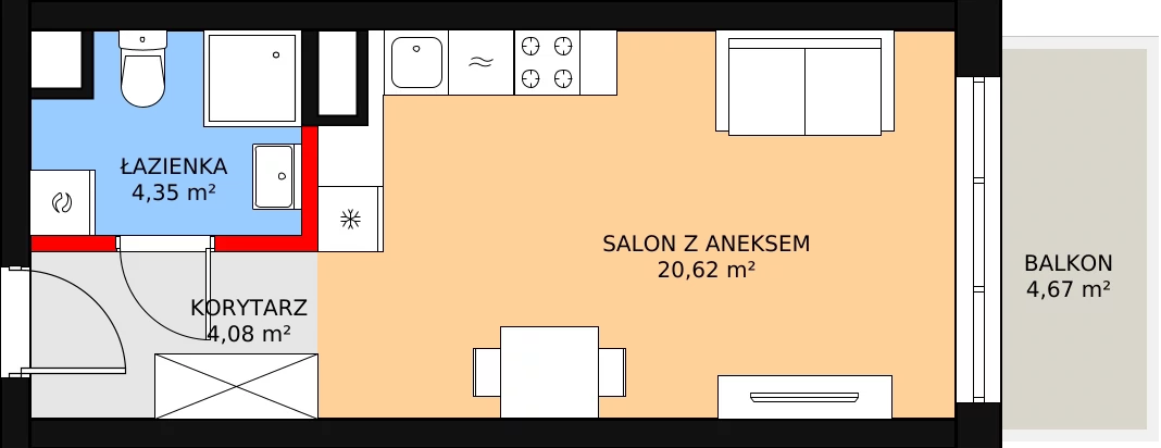 1 pokój, mieszkanie 29,23 m², piętro 1, oferta nr 12, Osiedle Łososiowa, Łódź, Bałuty, Radogoszcz, ul. Łososiowa (Okoniowa)