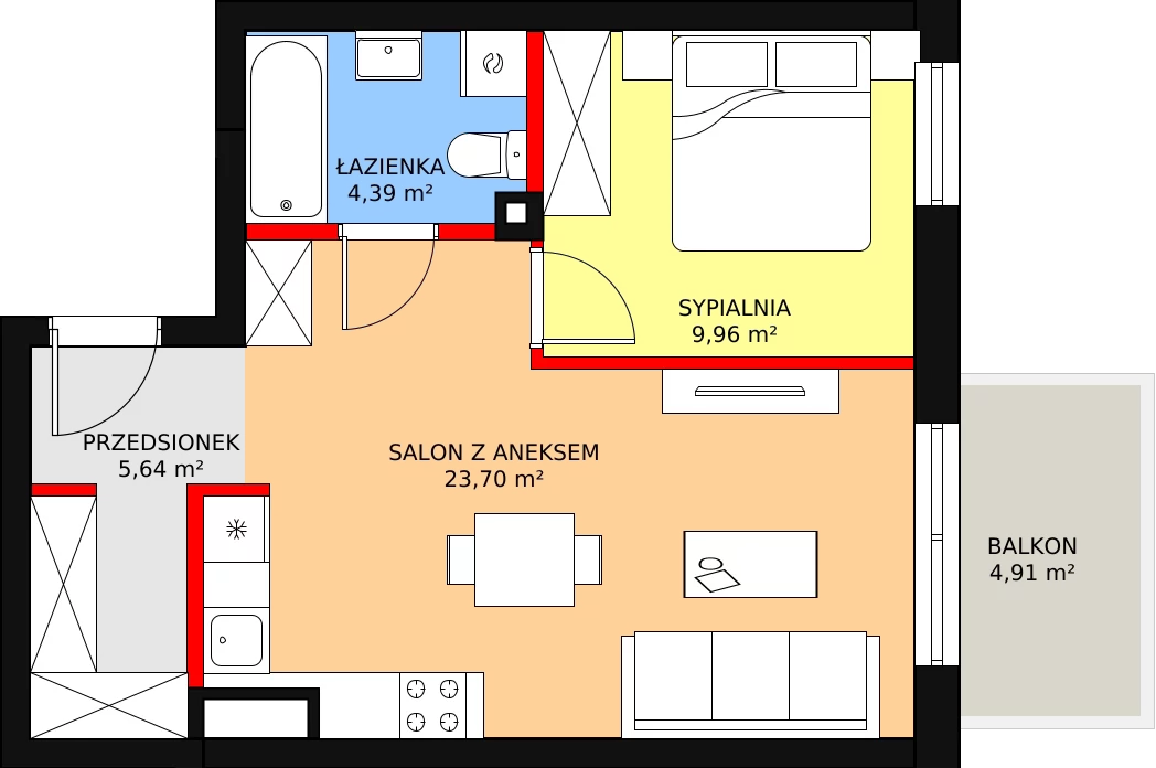 2 pokoje, mieszkanie 43,93 m², piętro 5, oferta nr 54, Osiedle Łososiowa, Łódź, Bałuty, Radogoszcz, ul. Łososiowa (Okoniowa)