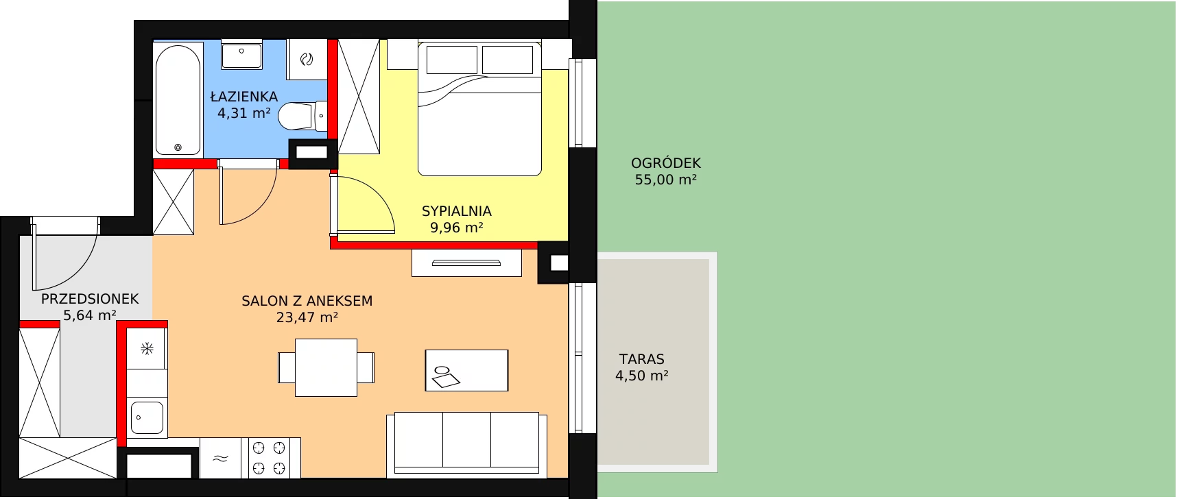 2 pokoje, mieszkanie 43,54 m², parter, oferta nr 93, Osiedle Łososiowa, Łódź, Bałuty, Radogoszcz, ul. Łososiowa (Okoniowa)