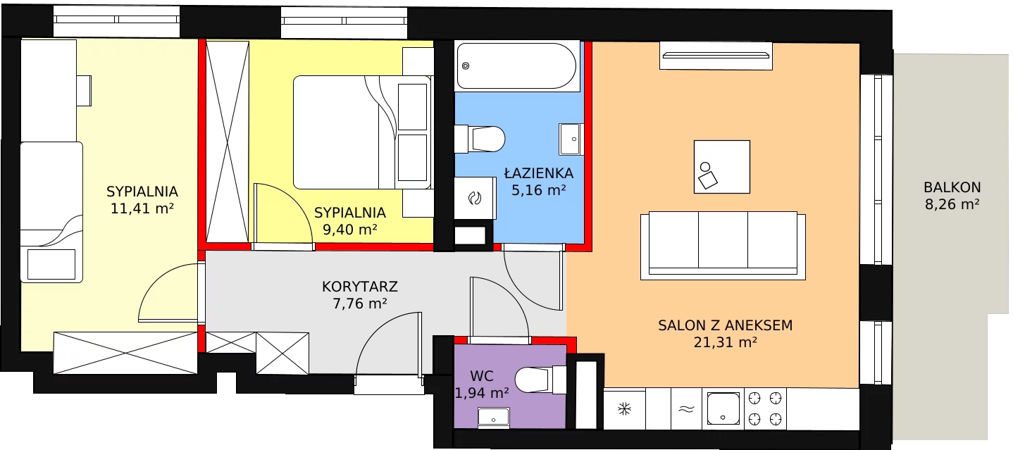 3 pokoje, mieszkanie 57,71 m², piętro 1, oferta nr 1, InPark, Łódź, Bałuty, ul. Emilii Plater / ul. Górnicza