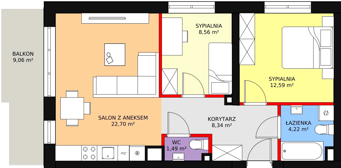 3 pokoje, mieszkanie 58,18 m², piętro 1, oferta nr 60, InPark, Łódź, Bałuty, ul. Emilii Plater / ul. Górnicza