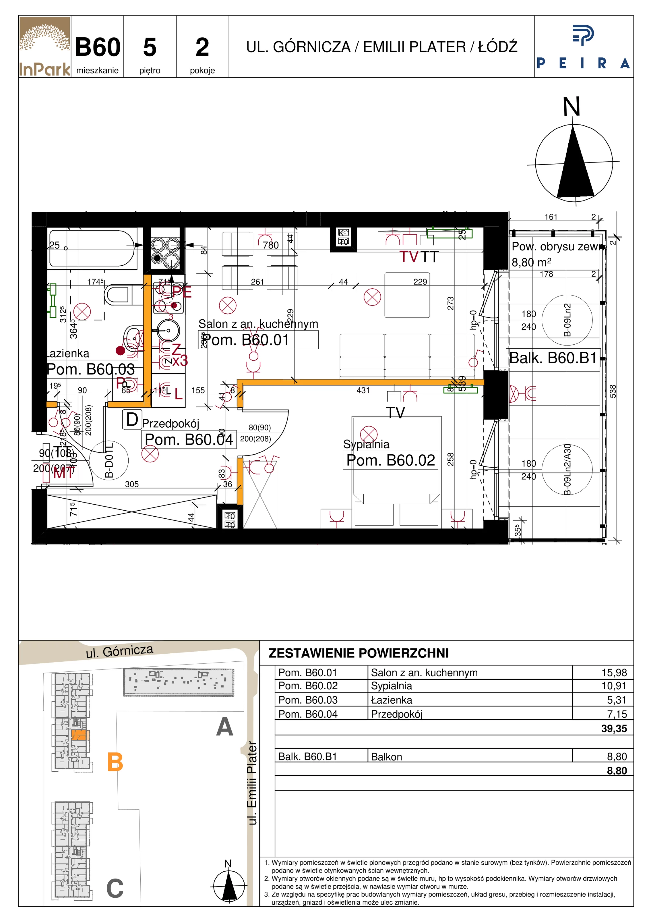 Mieszkanie 39,35 m², piętro 5, oferta nr 100_B60, InPark, Łódź, Bałuty, ul. Emilii Plater / ul. Górnicza