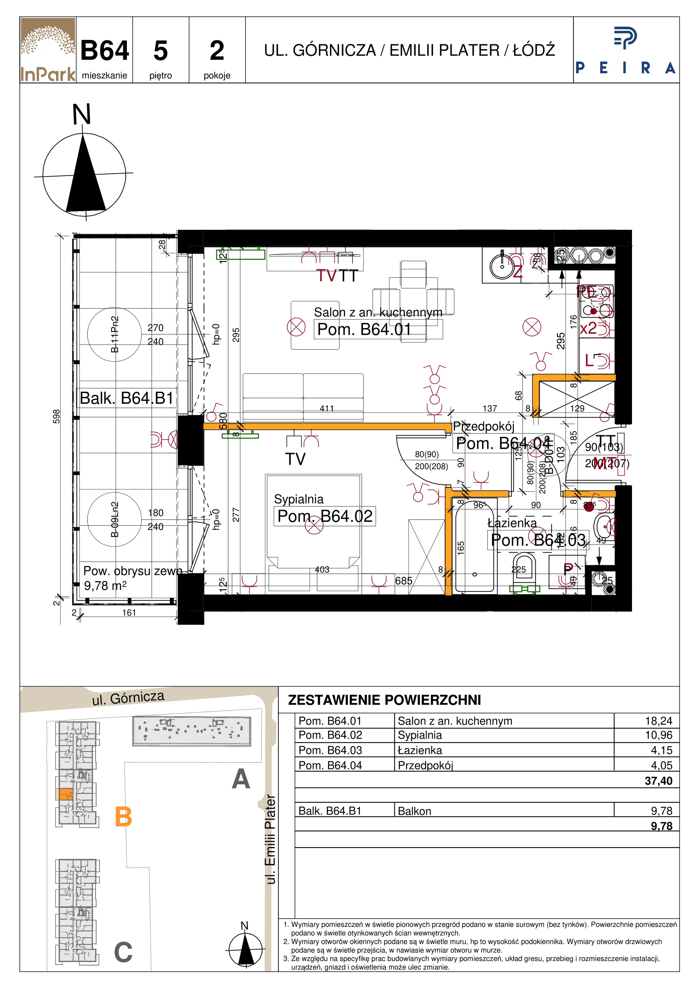 Mieszkanie 37,40 m², piętro 5, oferta nr 104_B64, InPark, Łódź, Bałuty, ul. Emilii Plater / ul. Górnicza