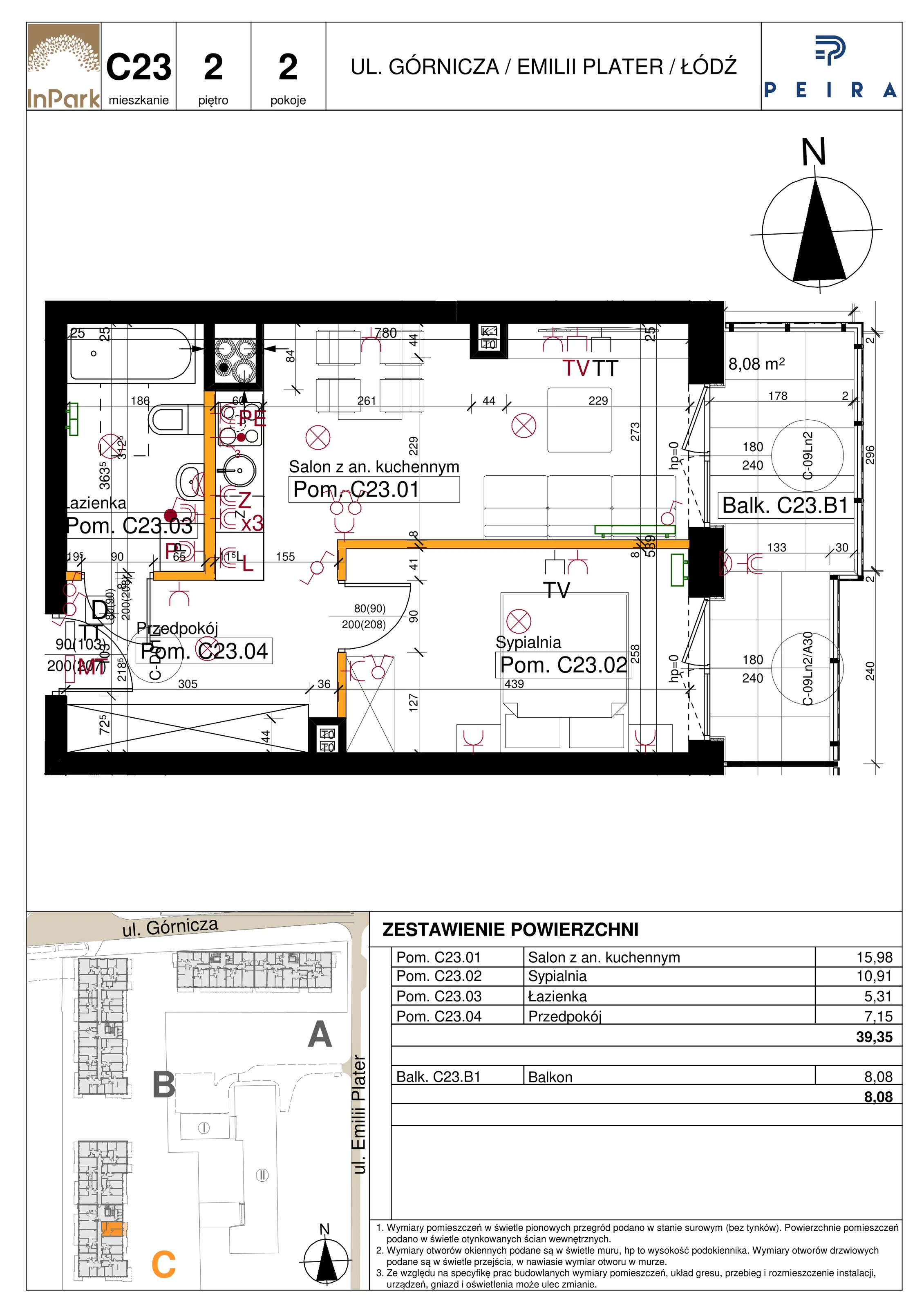 Mieszkanie 39,35 m², piętro 2, oferta nr 133_C23, InPark, Łódź, Bałuty, ul. Emilii Plater / ul. Górnicza