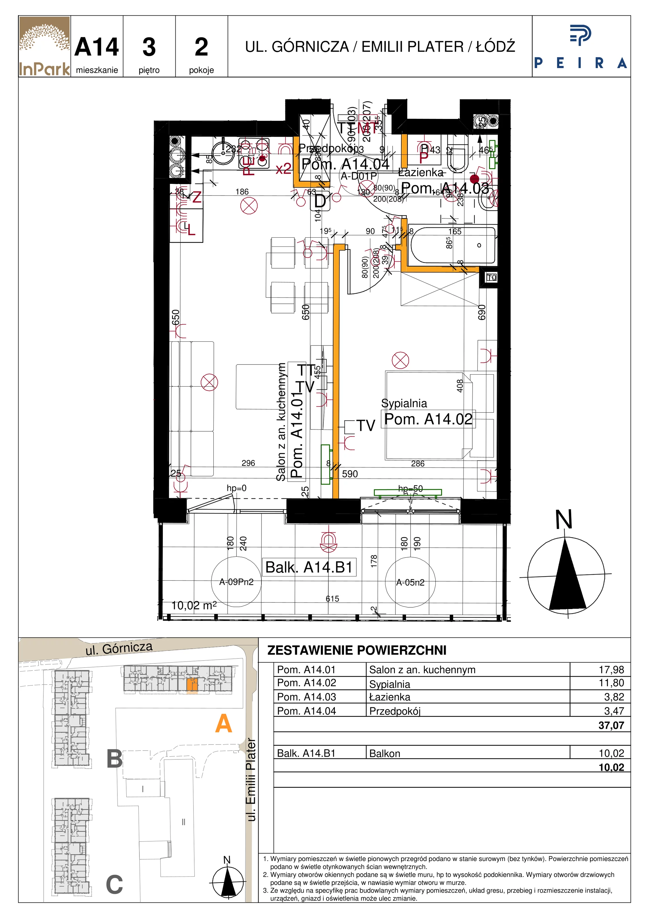 Mieszkanie 37,07 m², piętro 3, oferta nr 14_A14, InPark, Łódź, Bałuty, ul. Emilii Plater / ul. Górnicza