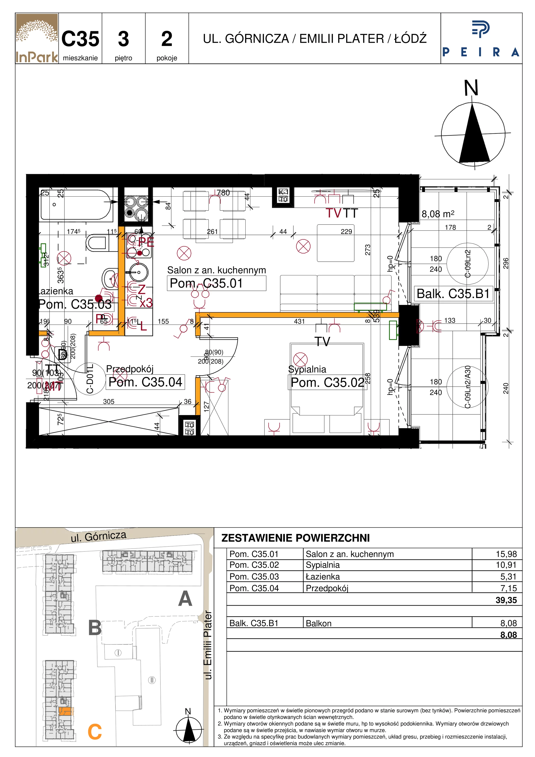 Mieszkanie 39,35 m², piętro 3, oferta nr 145_C35, InPark, Łódź, Bałuty, ul. Emilii Plater / ul. Górnicza