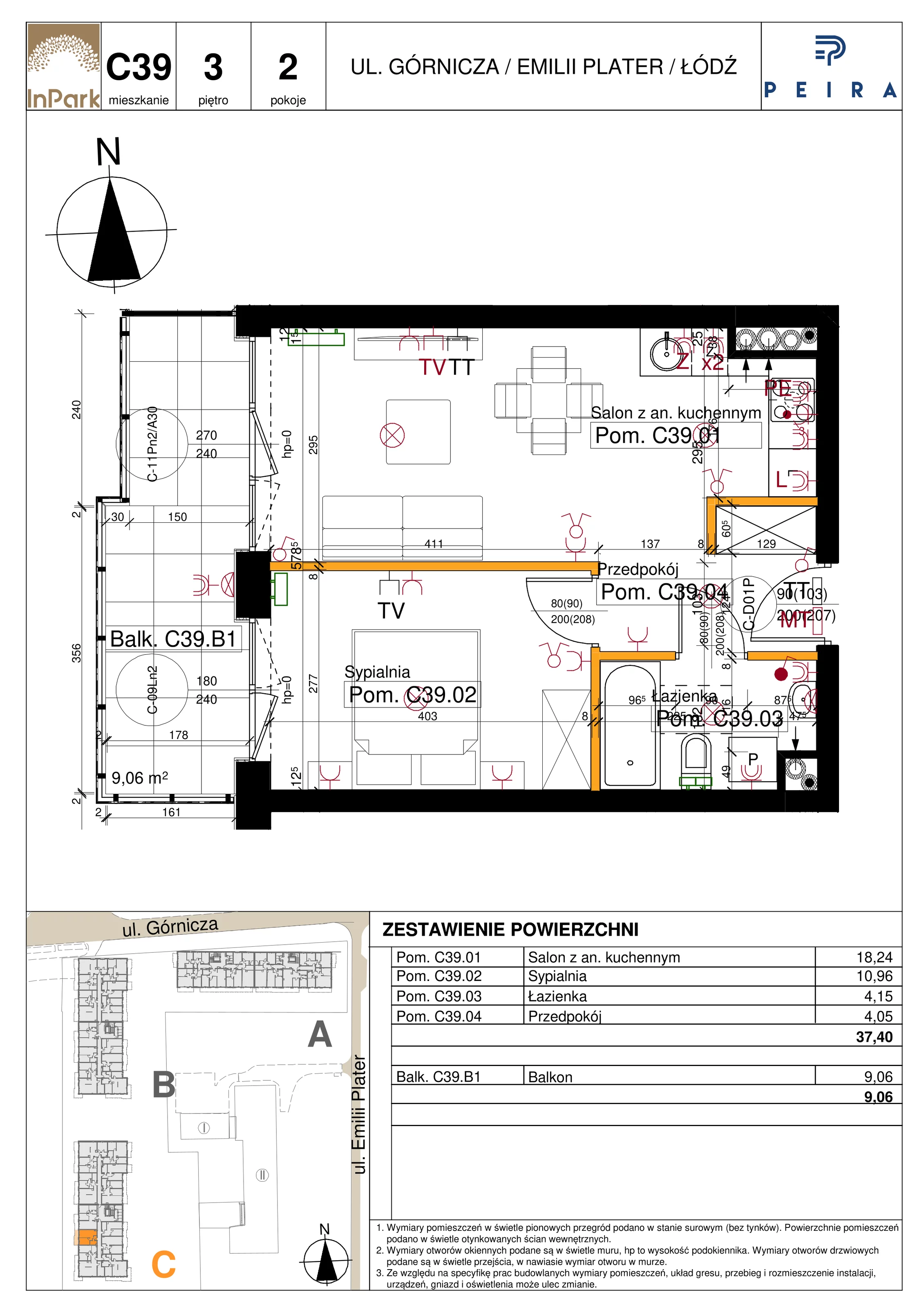 Mieszkanie 37,40 m², piętro 3, oferta nr 149_C39, InPark, Łódź, Bałuty, ul. Emilii Plater / ul. Górnicza