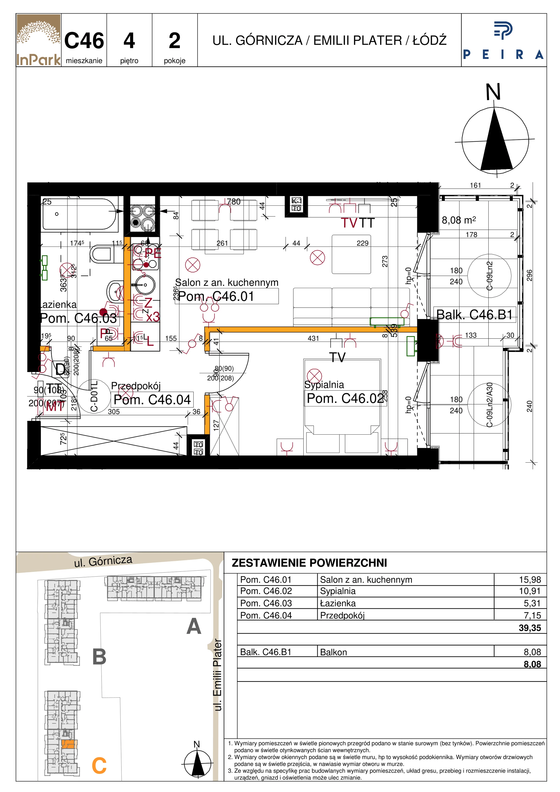 Mieszkanie 39,35 m², piętro 4, oferta nr 156_C46, InPark, Łódź, Bałuty, ul. Emilii Plater / ul. Górnicza