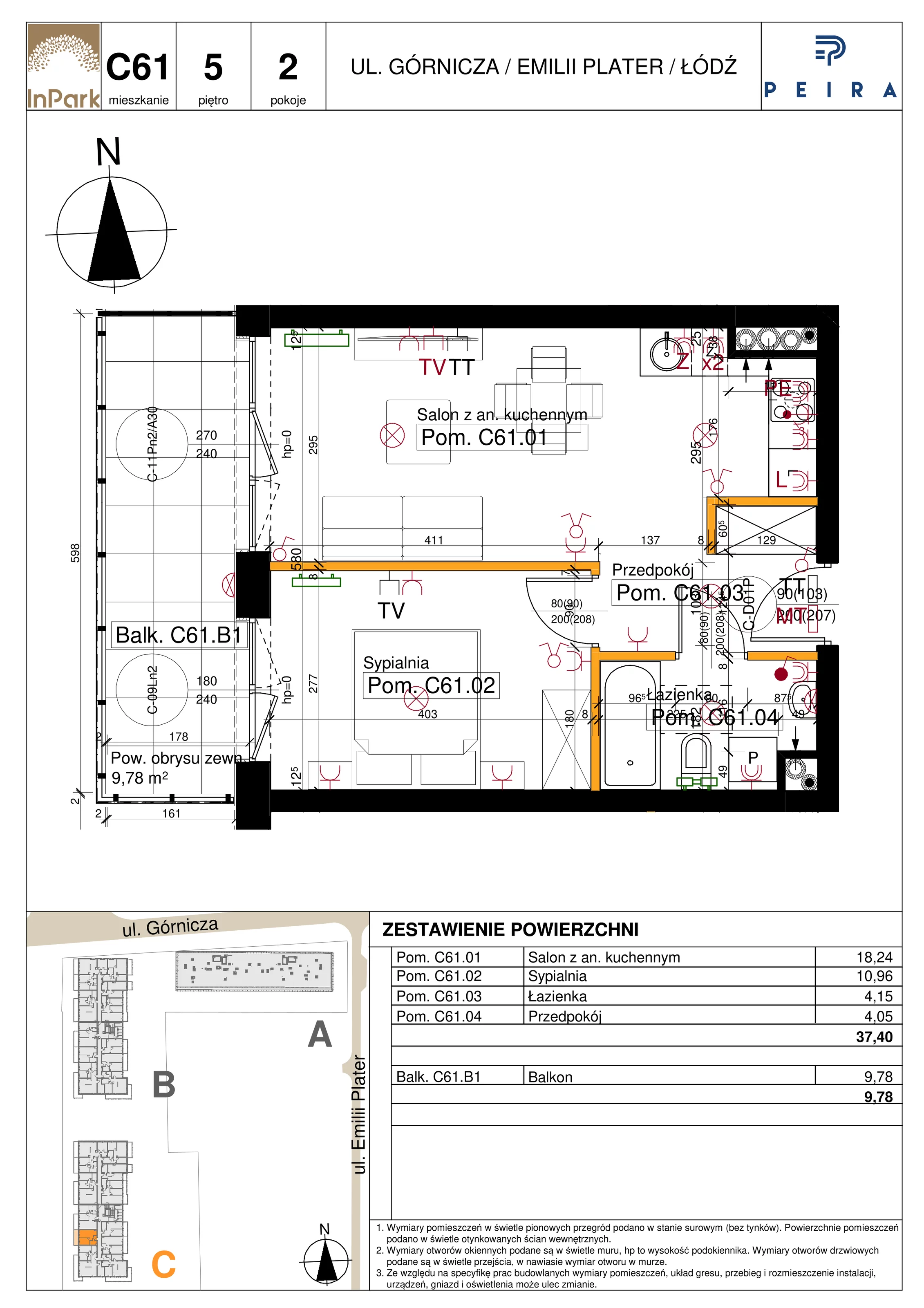 Mieszkanie 37,40 m², piętro 5, oferta nr 171_C61, InPark, Łódź, Bałuty, ul. Emilii Plater / ul. Górnicza