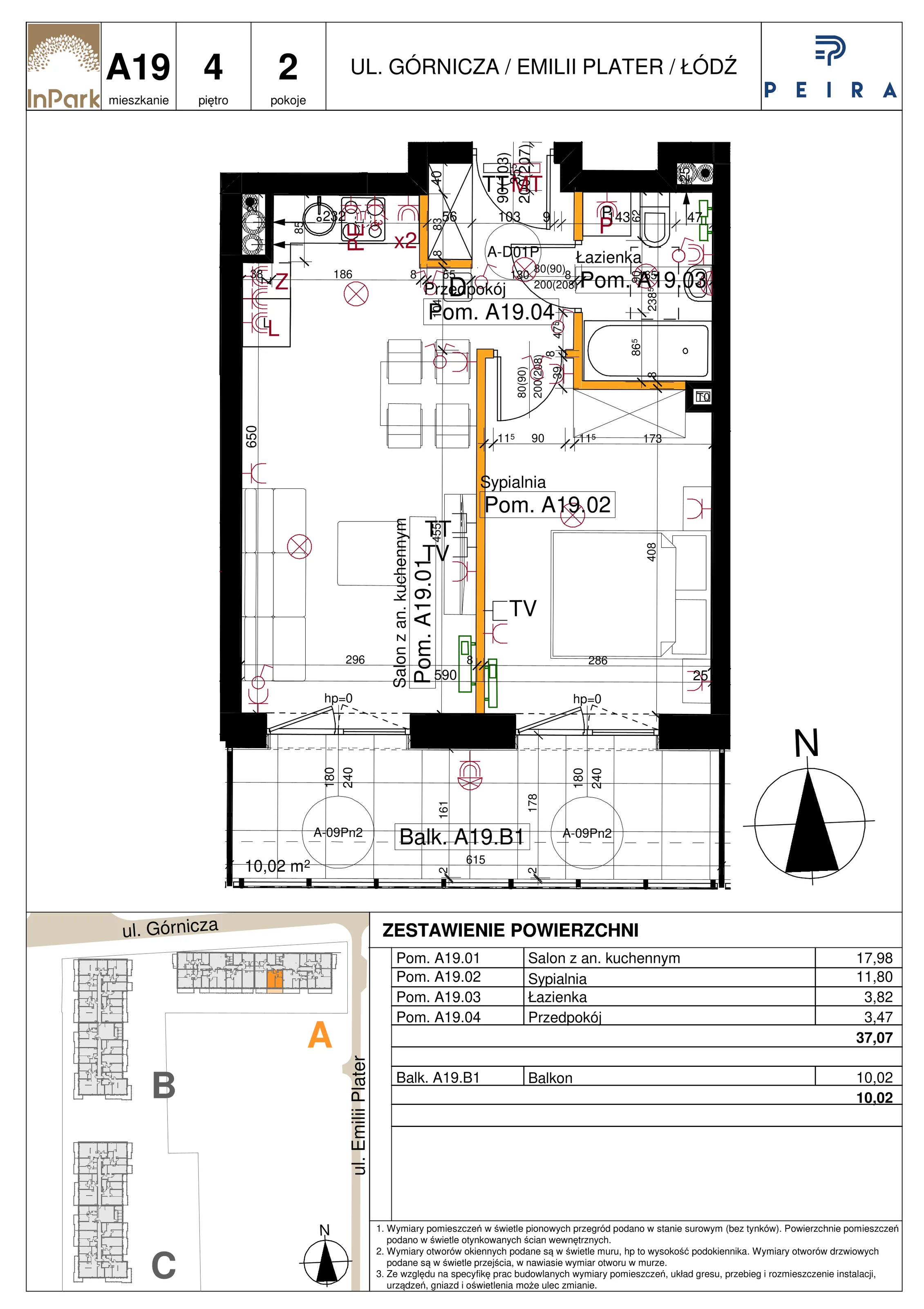 Mieszkanie 37,07 m², piętro 4, oferta nr 19_A19, InPark, Łódź, Bałuty, ul. Emilii Plater / ul. Górnicza