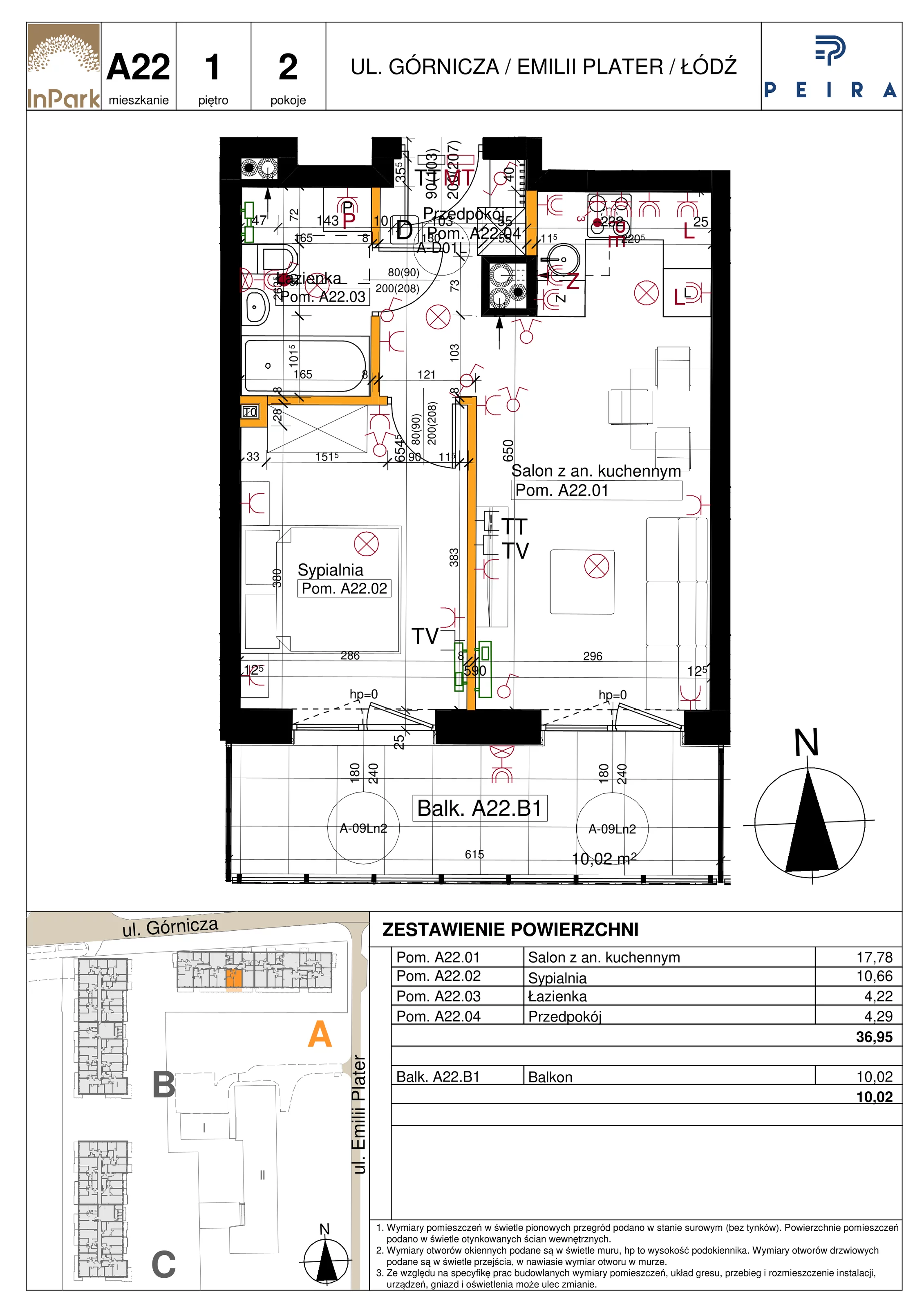 Mieszkanie 36,95 m², piętro 1, oferta nr 22_A22, InPark, Łódź, Bałuty, ul. Emilii Plater / ul. Górnicza