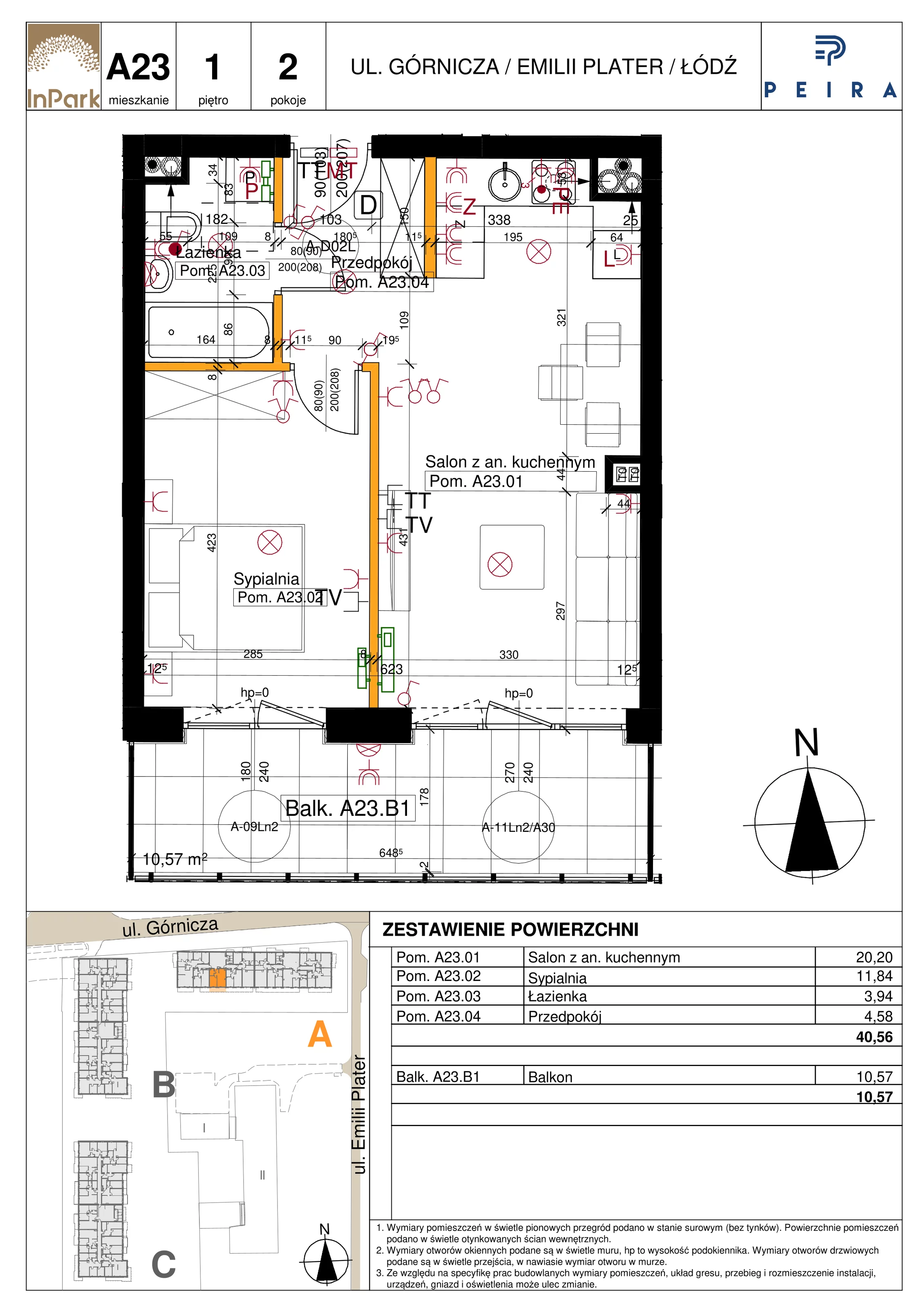 Mieszkanie 40,56 m², piętro 1, oferta nr 23_A23, InPark, Łódź, Bałuty, ul. Emilii Plater / ul. Górnicza