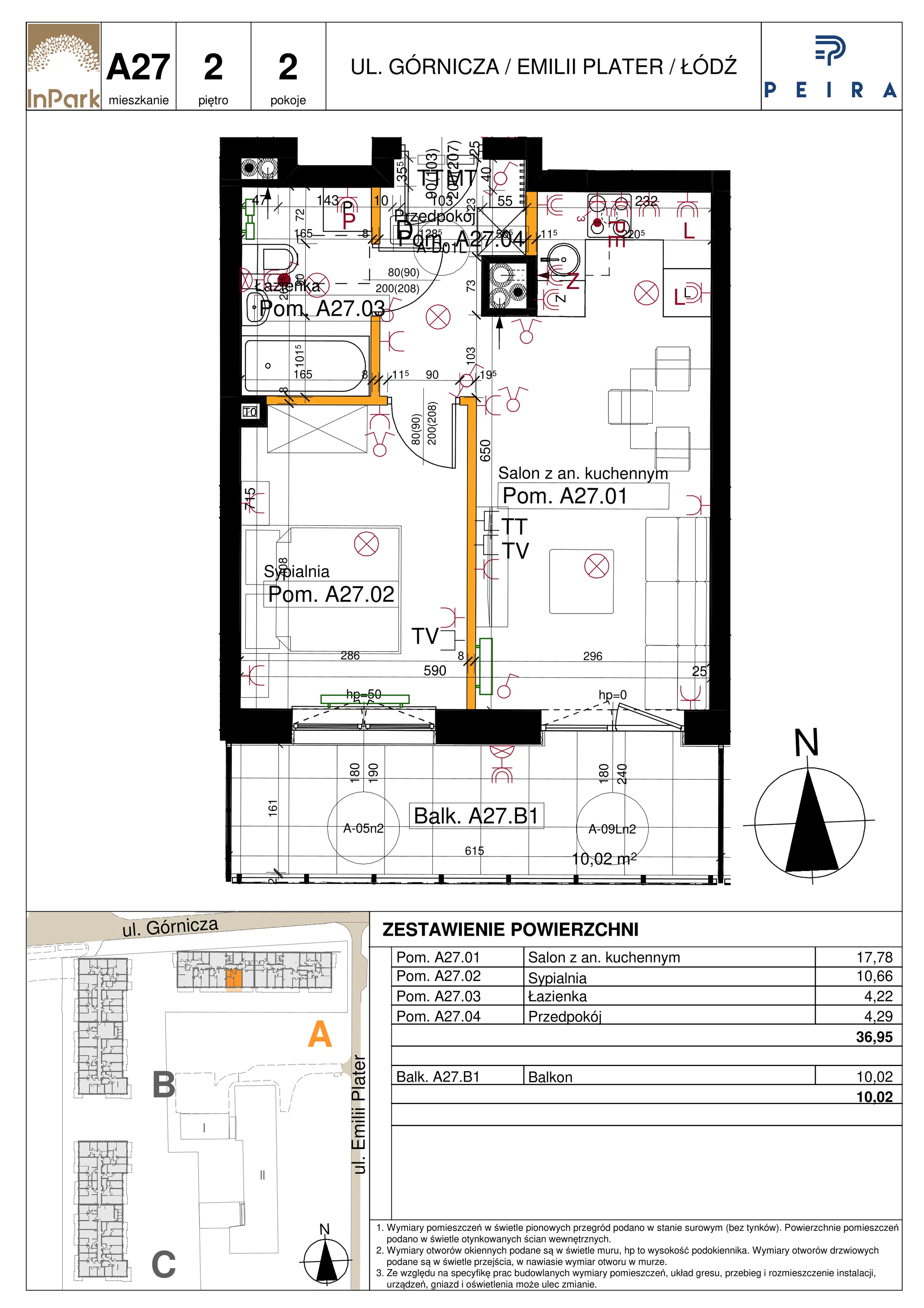 Mieszkanie 36,95 m², piętro 2, oferta nr 27_A27, InPark, Łódź, Bałuty, ul. Emilii Plater / ul. Górnicza