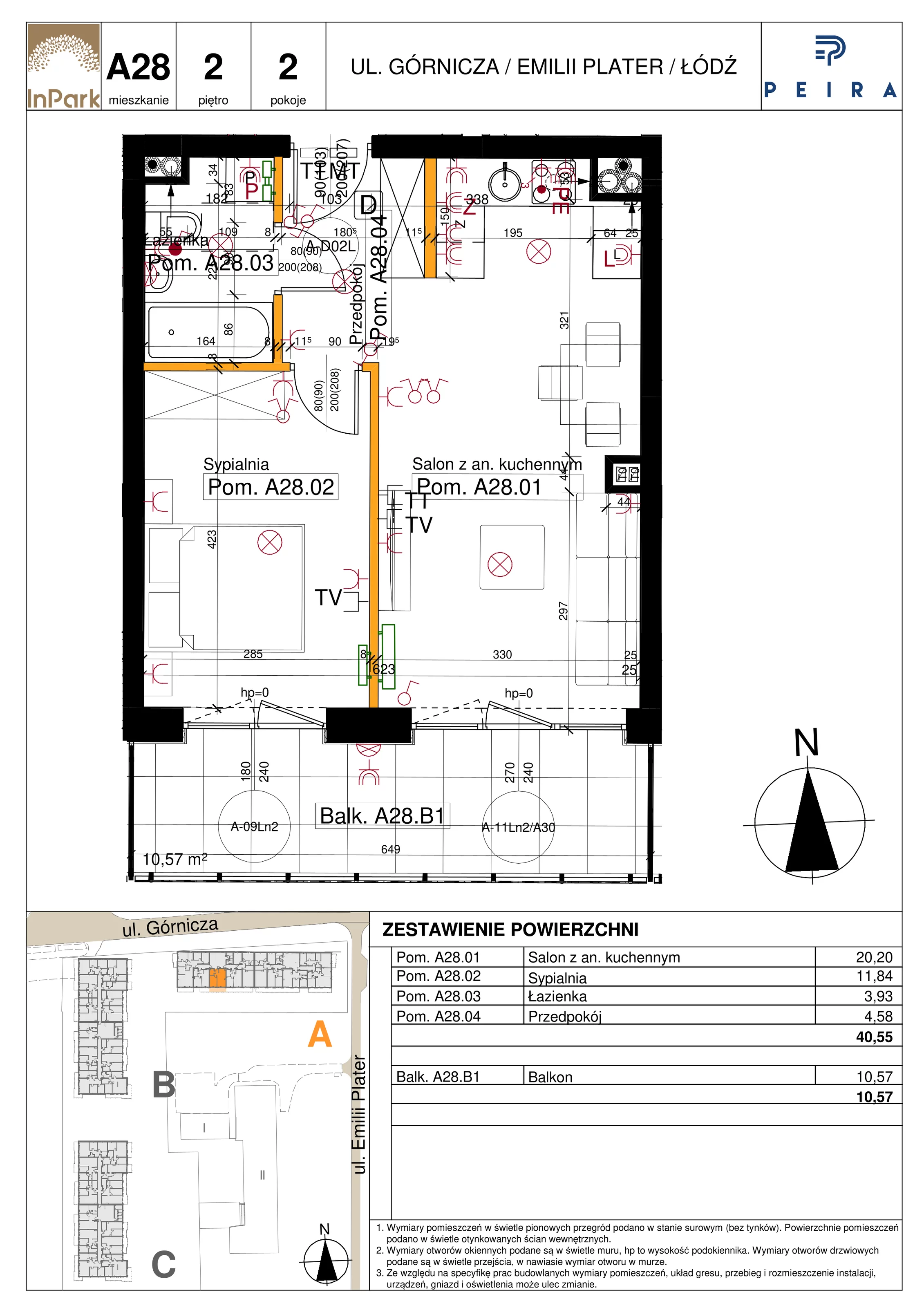 Mieszkanie 40,55 m², piętro 2, oferta nr 28_A28, InPark, Łódź, Bałuty, ul. Emilii Plater / ul. Górnicza