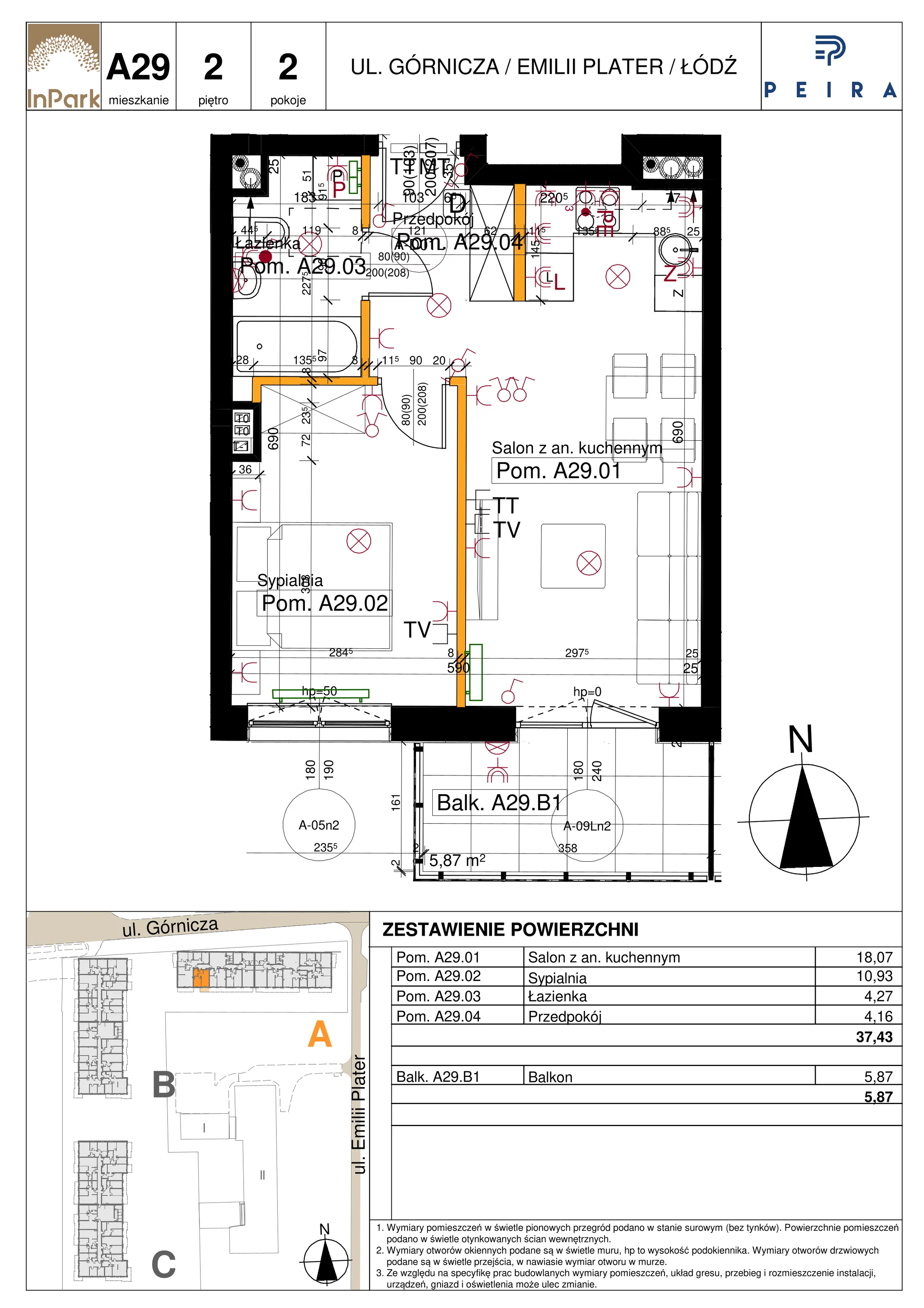 Mieszkanie 37,43 m², piętro 2, oferta nr 29_A29, InPark, Łódź, Bałuty, ul. Emilii Plater / ul. Górnicza