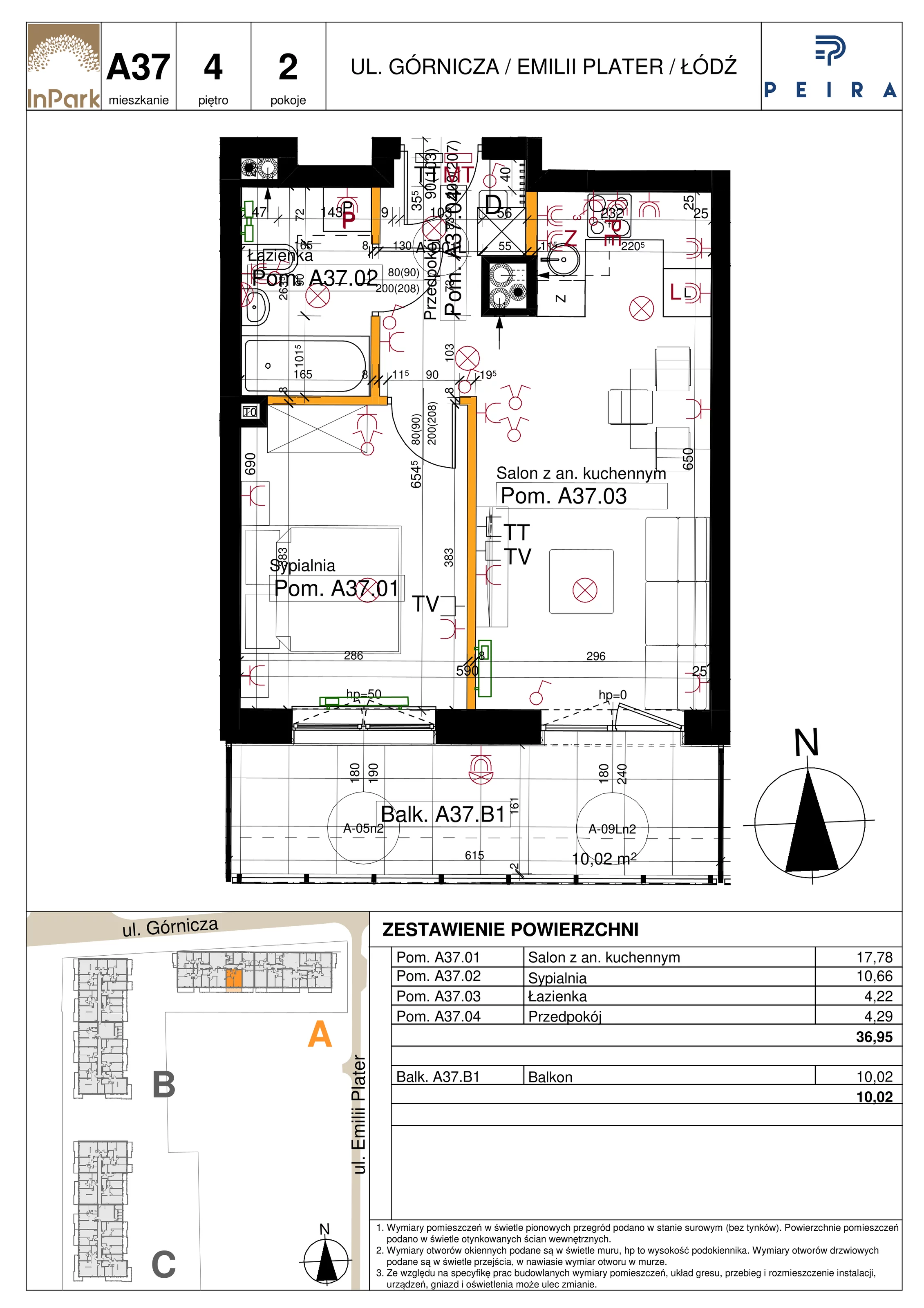 Mieszkanie 36,95 m², piętro 4, oferta nr 37_A37, InPark, Łódź, Bałuty, ul. Emilii Plater / ul. Górnicza