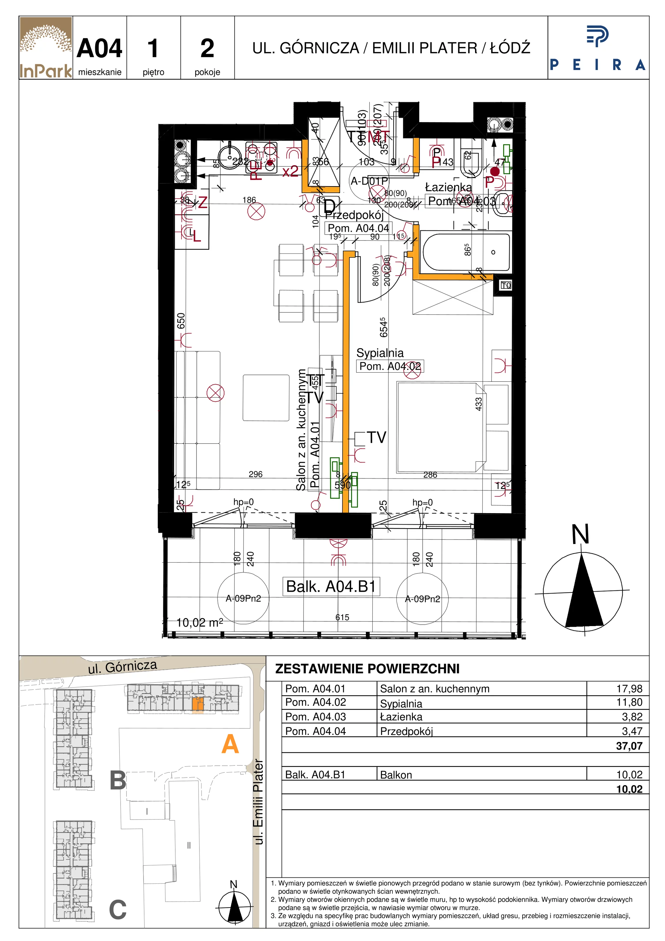 Mieszkanie 37,07 m², piętro 1, oferta nr 4_A04, InPark, Łódź, Bałuty, ul. Emilii Plater / ul. Górnicza