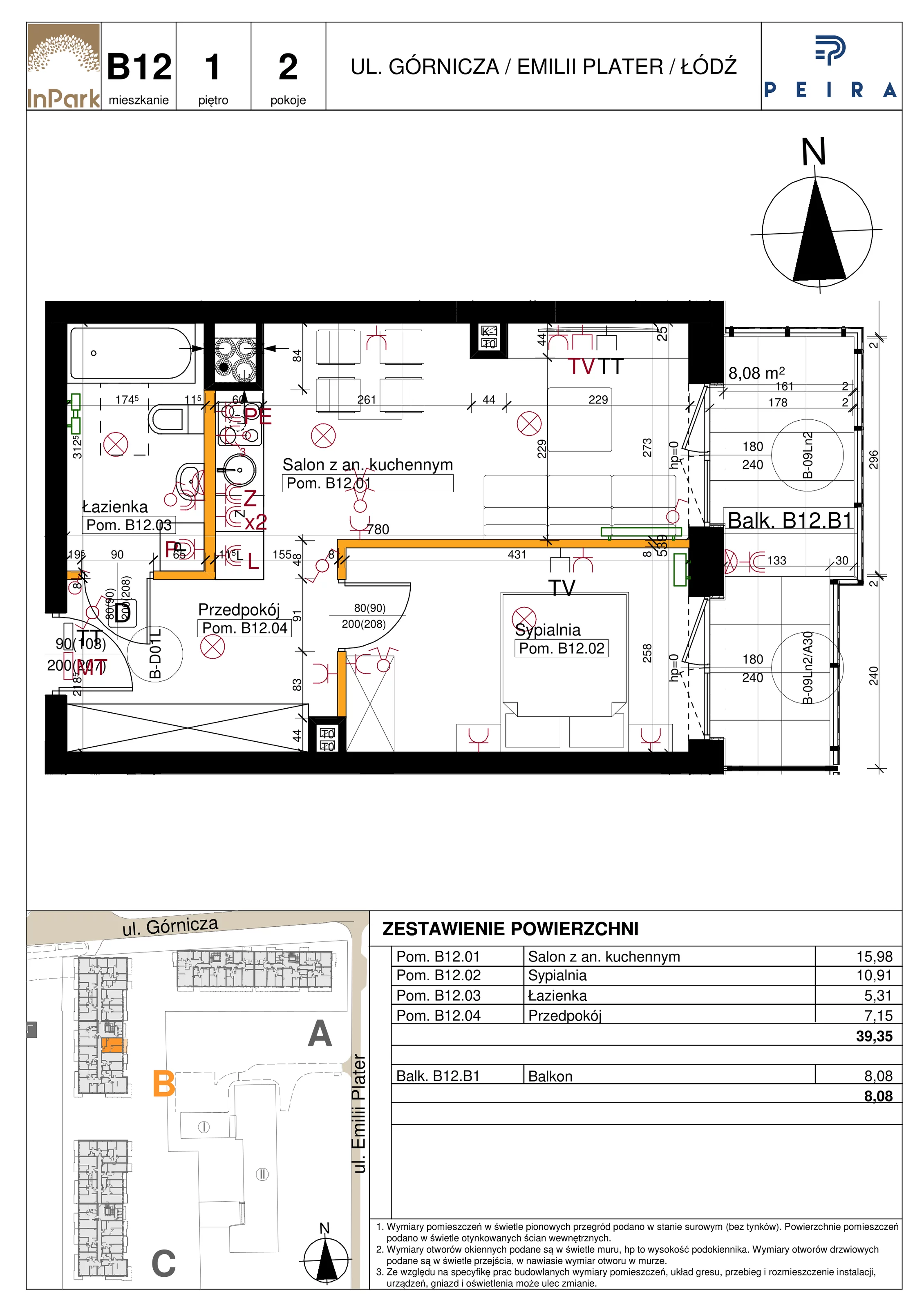 Mieszkanie 39,35 m², piętro 1, oferta nr 52_B12, InPark, Łódź, Bałuty, ul. Emilii Plater / ul. Górnicza