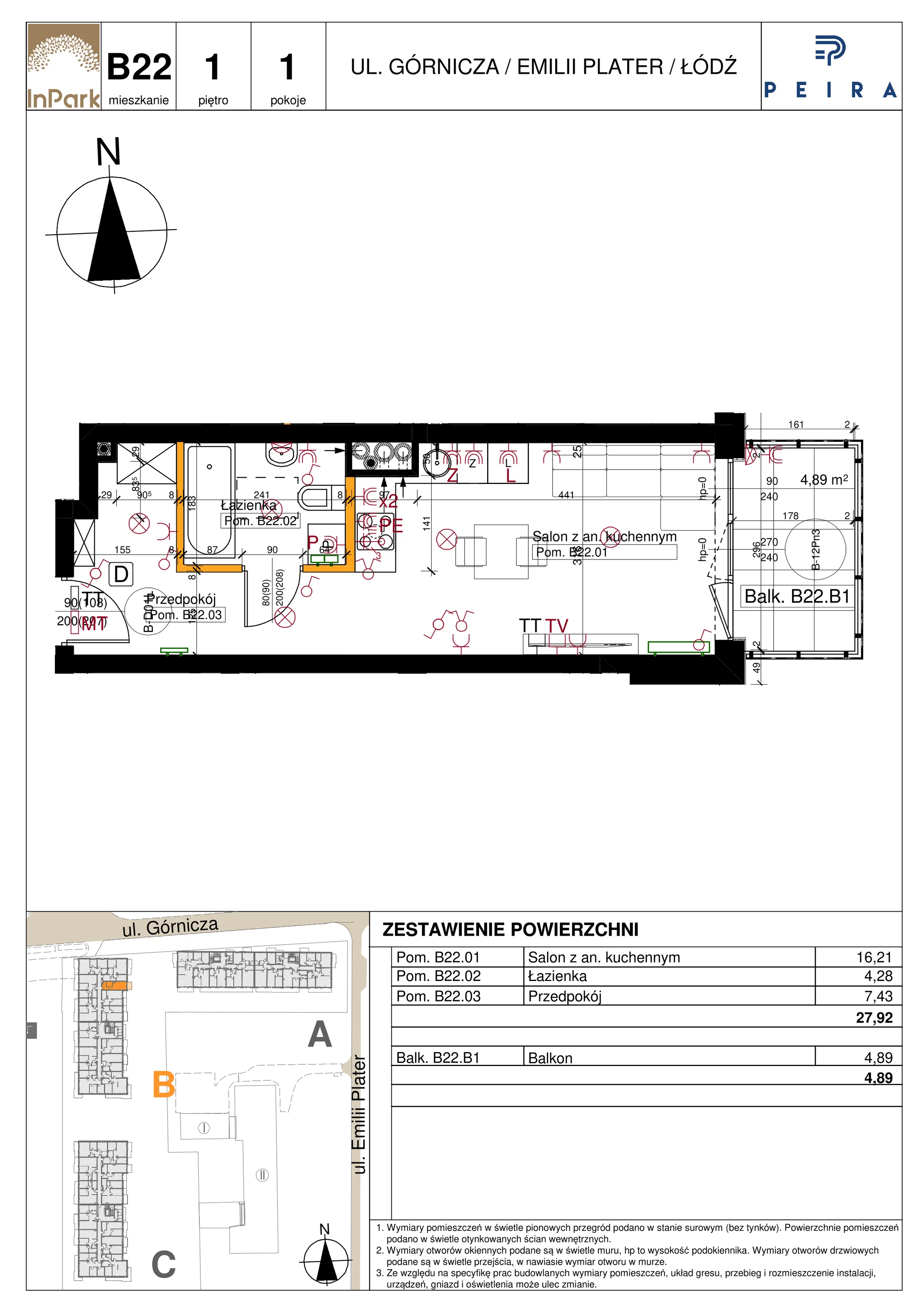 Mieszkanie 27,92 m², piętro 1, oferta nr 62_B22, InPark, Łódź, Bałuty, ul. Emilii Plater / ul. Górnicza