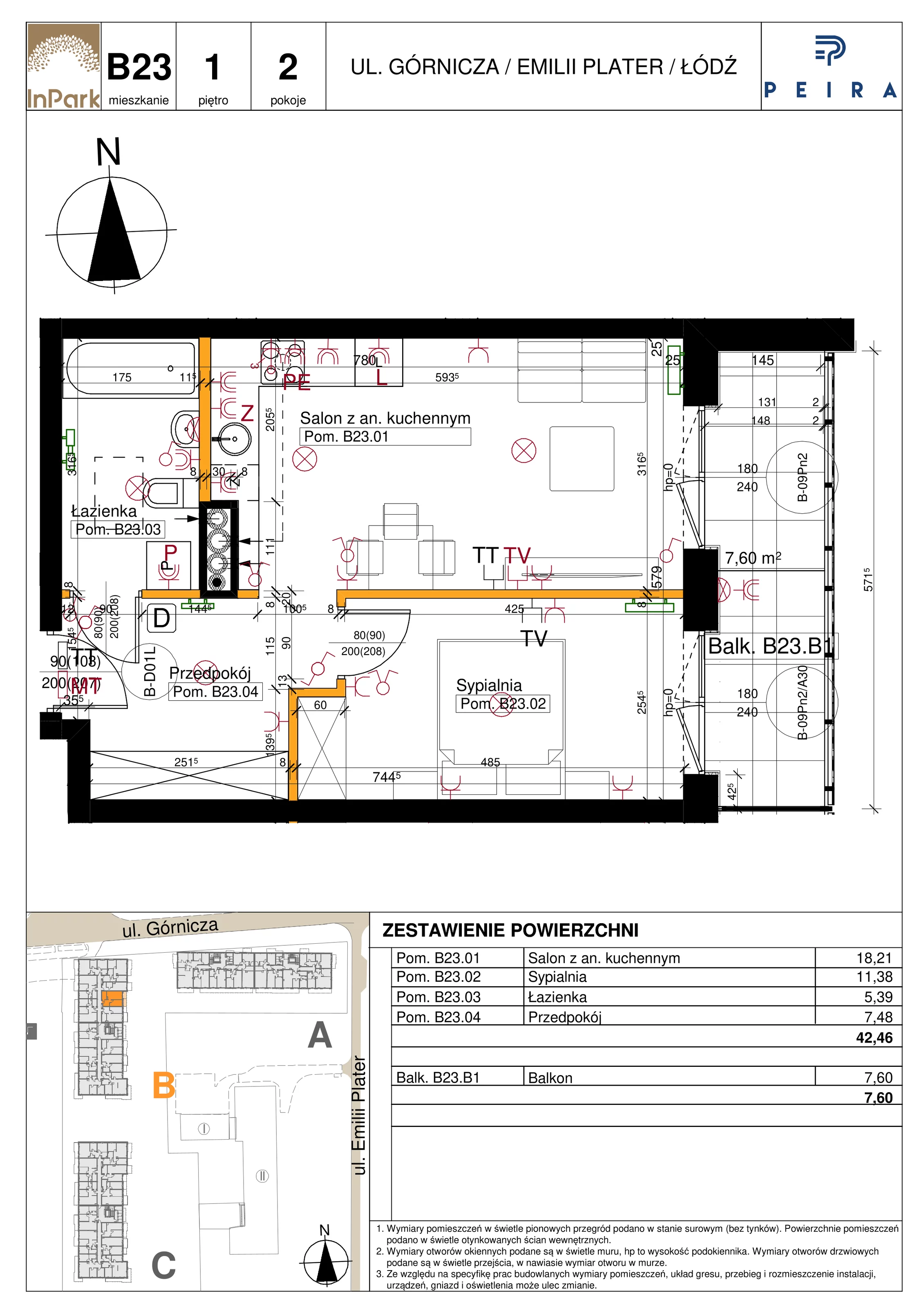 Mieszkanie 42,46 m², piętro 1, oferta nr 63_B23, InPark, Łódź, Bałuty, ul. Emilii Plater / ul. Górnicza